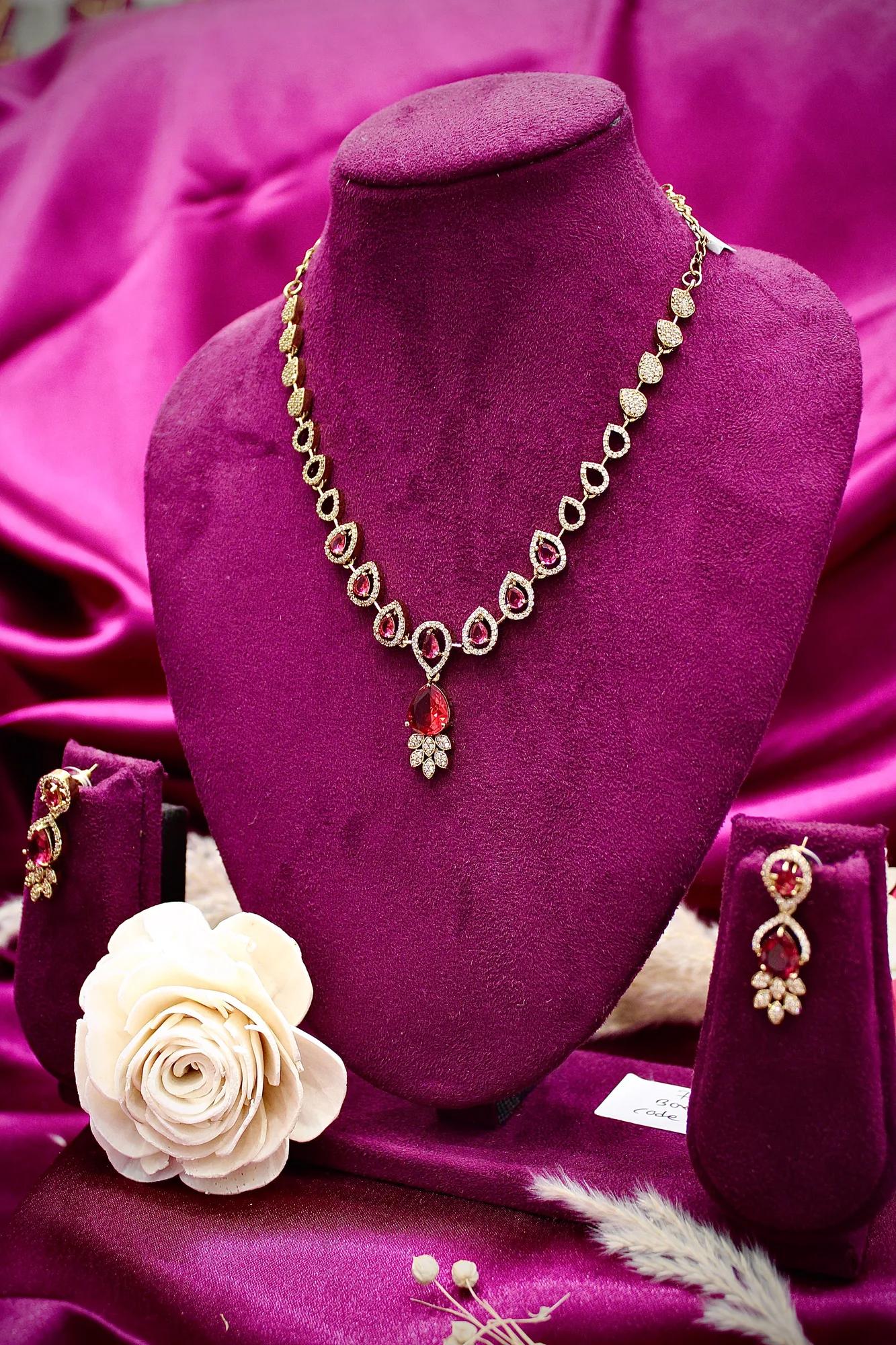 Ruby Teardrop Designer Necklace Set with CZ Stones