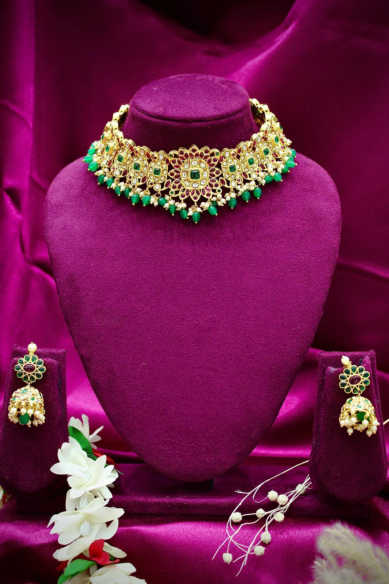 Royal Kundan Green Beaded Choker Necklace Set with Jhumka Earrings