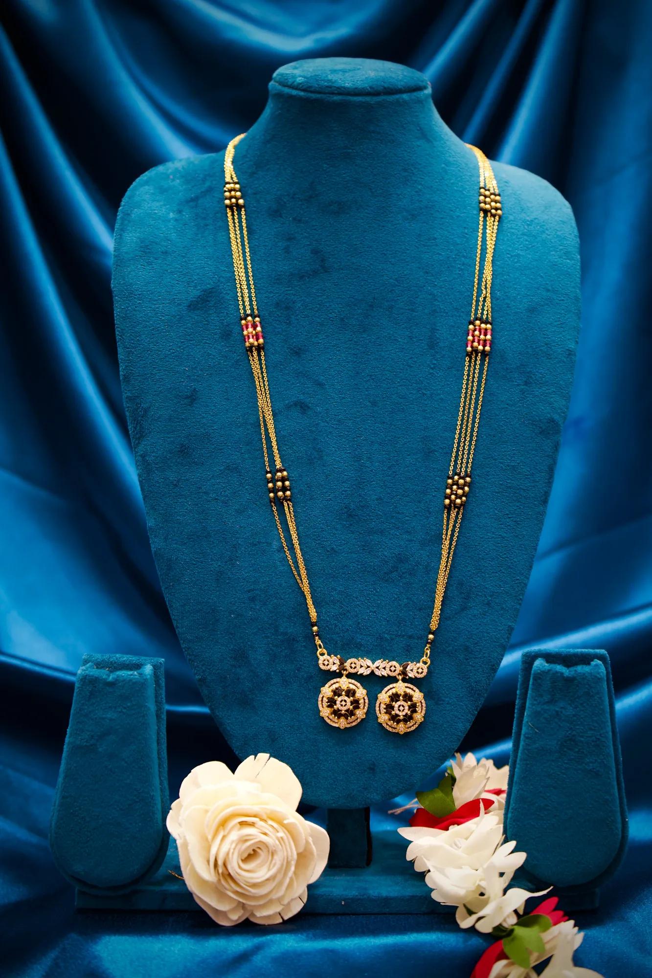 Designer Black Bead Mangalsutra with Dual Floral Charm Pendant