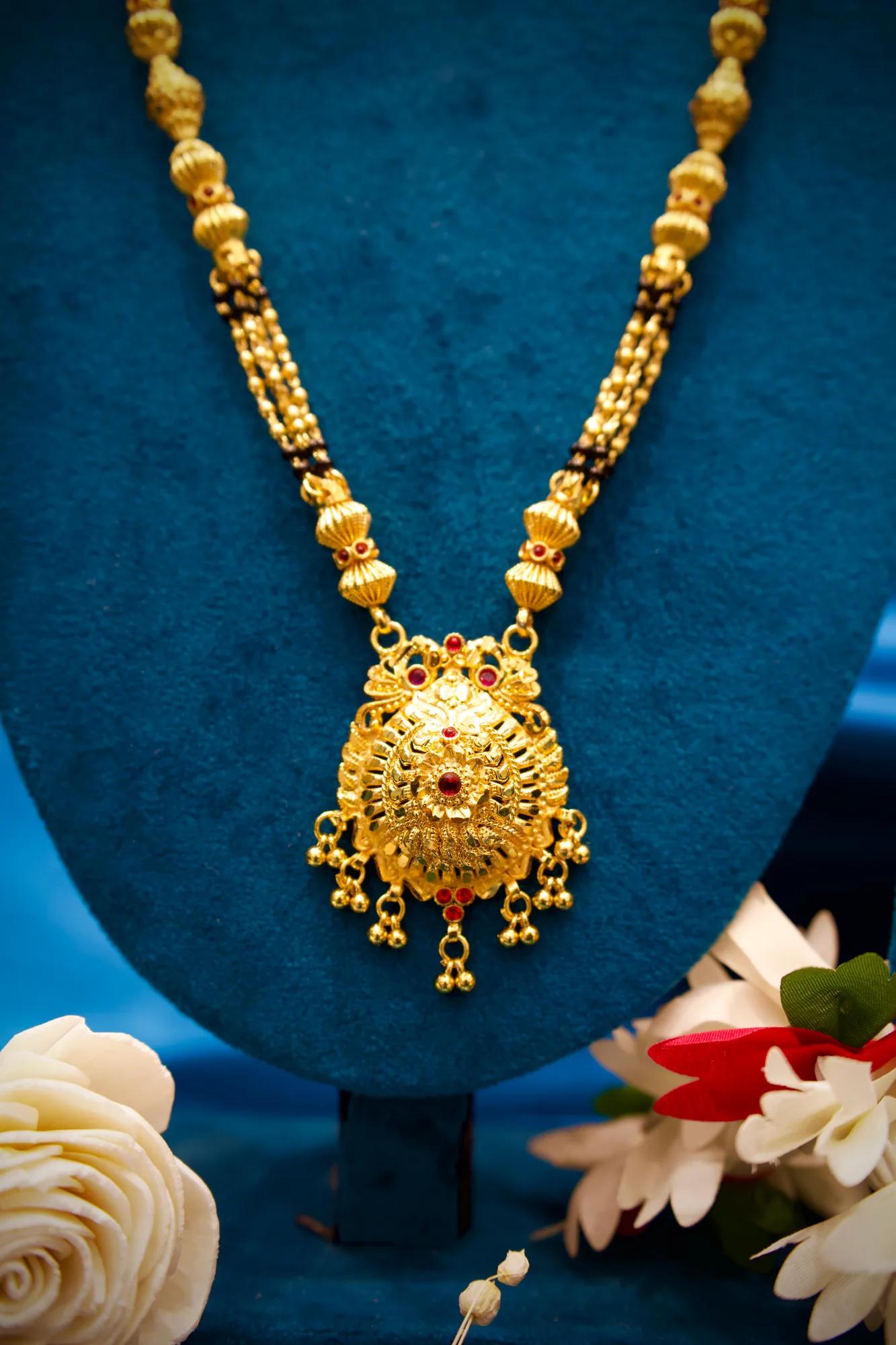 Royal Traditional Black Bead Mangalsutra with Ruby Stone Pendant