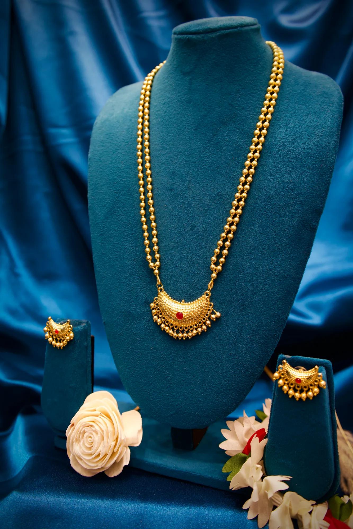 Traditional Gold Bead Necklace Set with Crescent Pendant