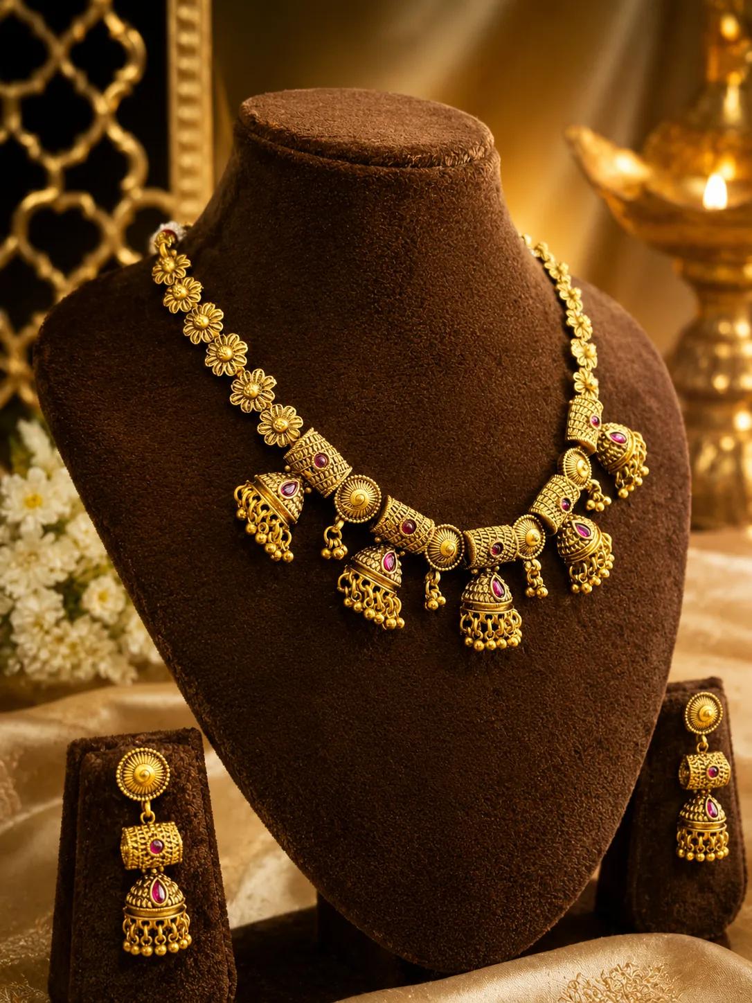 Temple Jhumka Charm Gold Necklace Set — Image 2