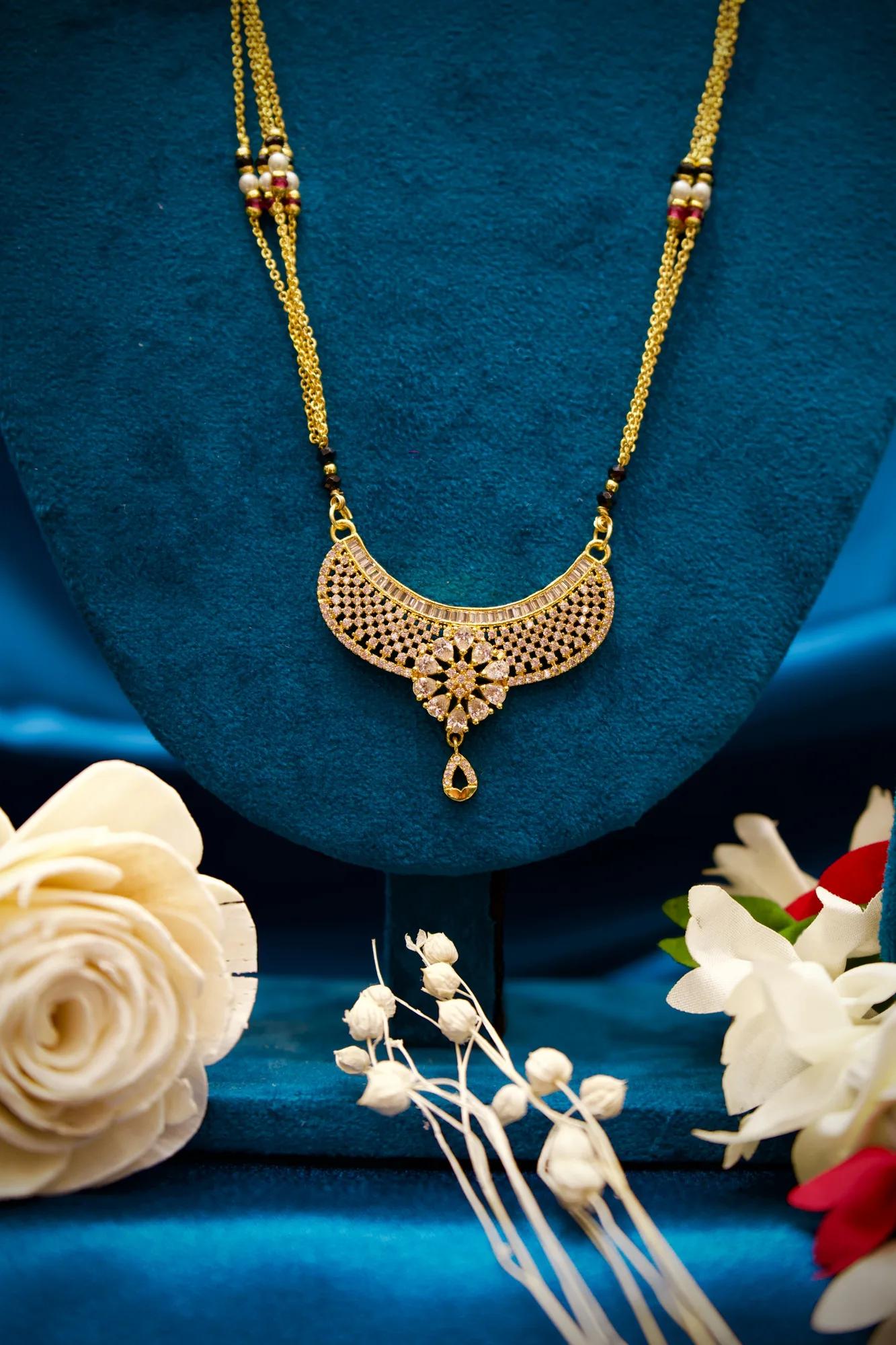 Elegant Diamond-Style Black Bead Mangalsutra with Floral Crescent Pendant