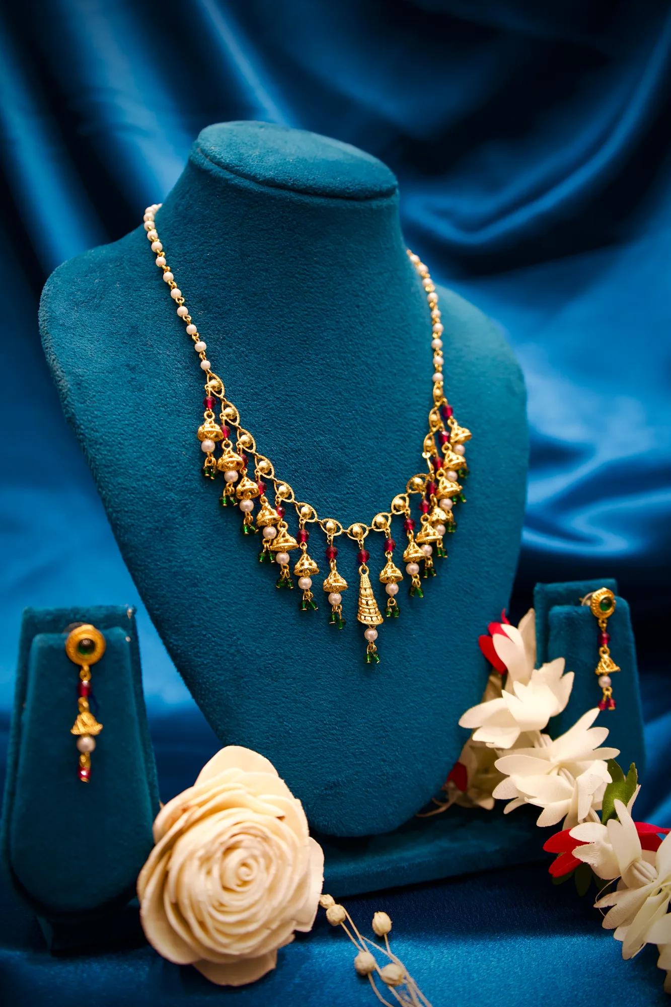 Traditional Jhumka Charm Necklace Set with Pearl & Multicolor Beads