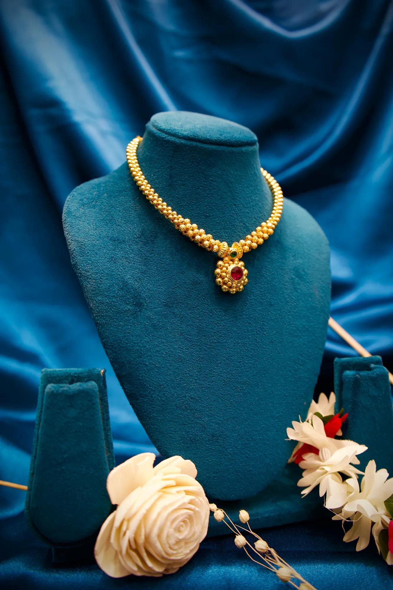 Traditional Floral Gold Bead Choker Necklace with Ruby Stone Pendant