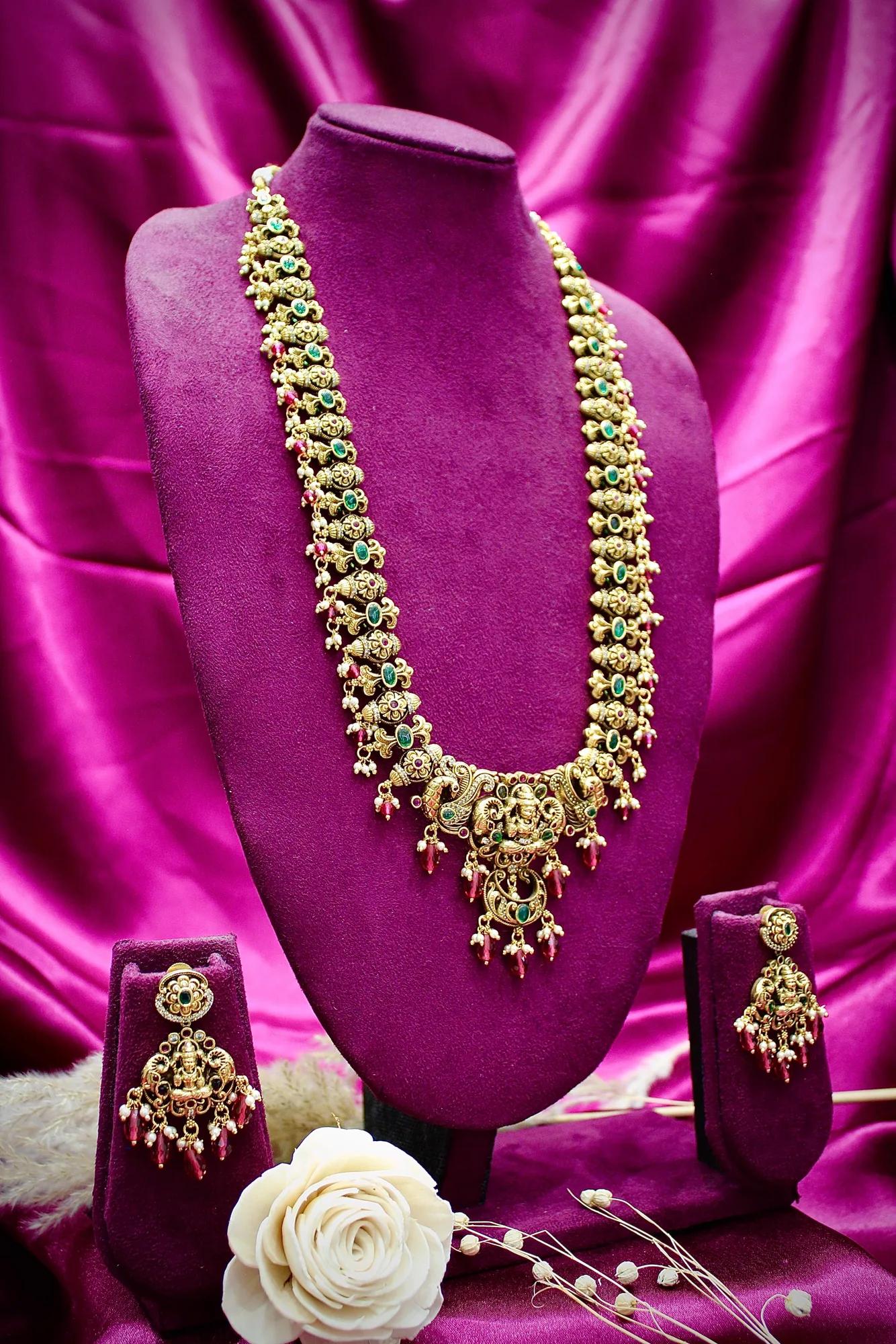 Temple Lakshmi Antique Necklace Set with Ruby Drops