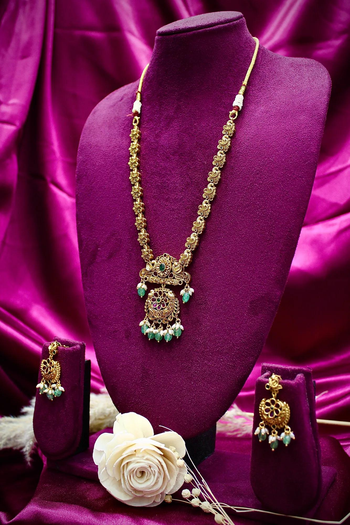 Antique Floral Pendant Necklace Set with Emerald Bead Drops
