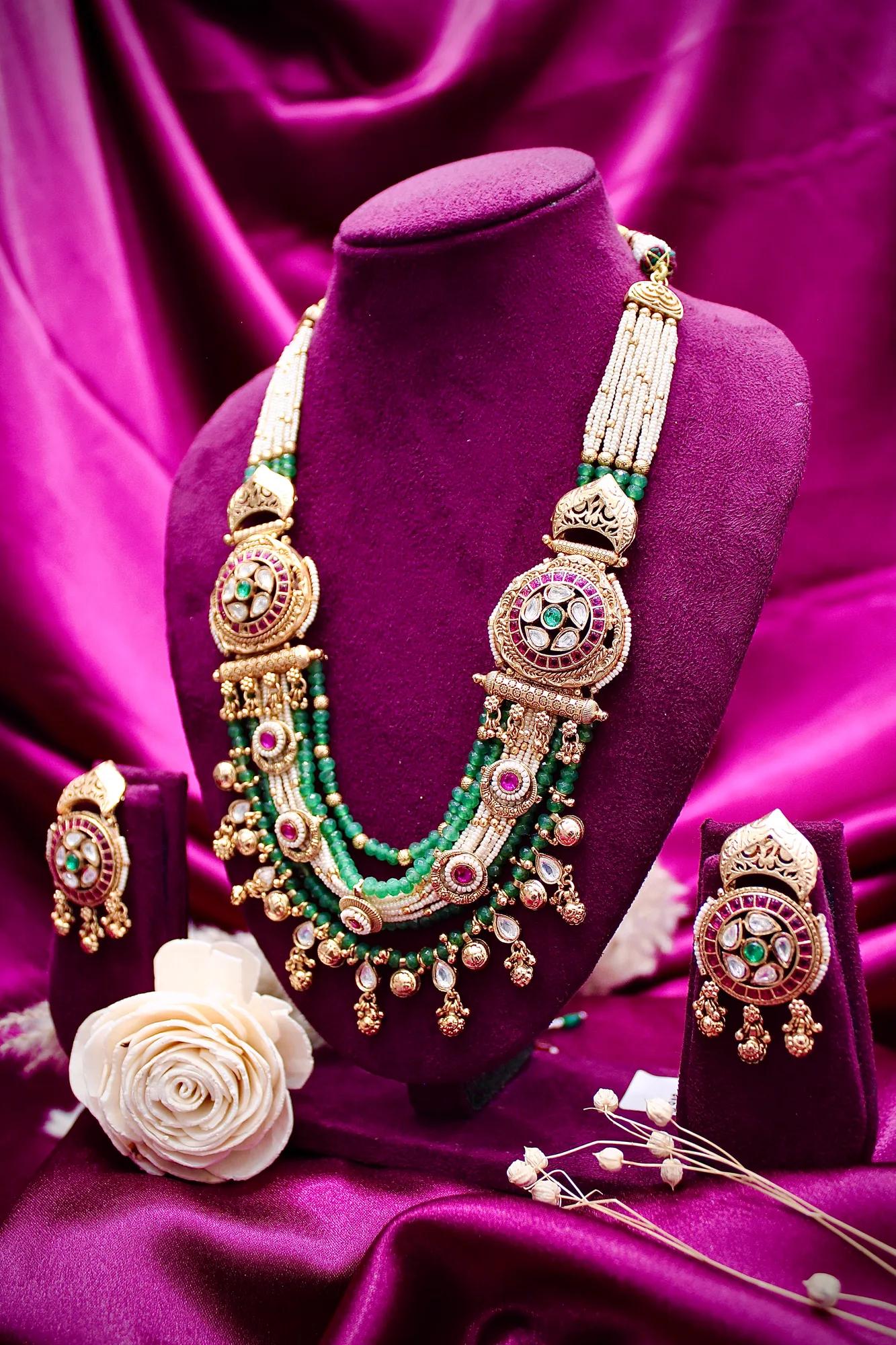 Royal Green Beaded Kundan Bridal Necklace Set