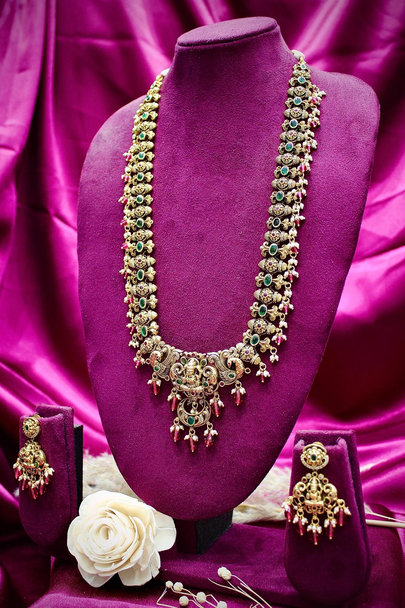 Temple Lakshmi Antique Necklace Set with Ruby Drops