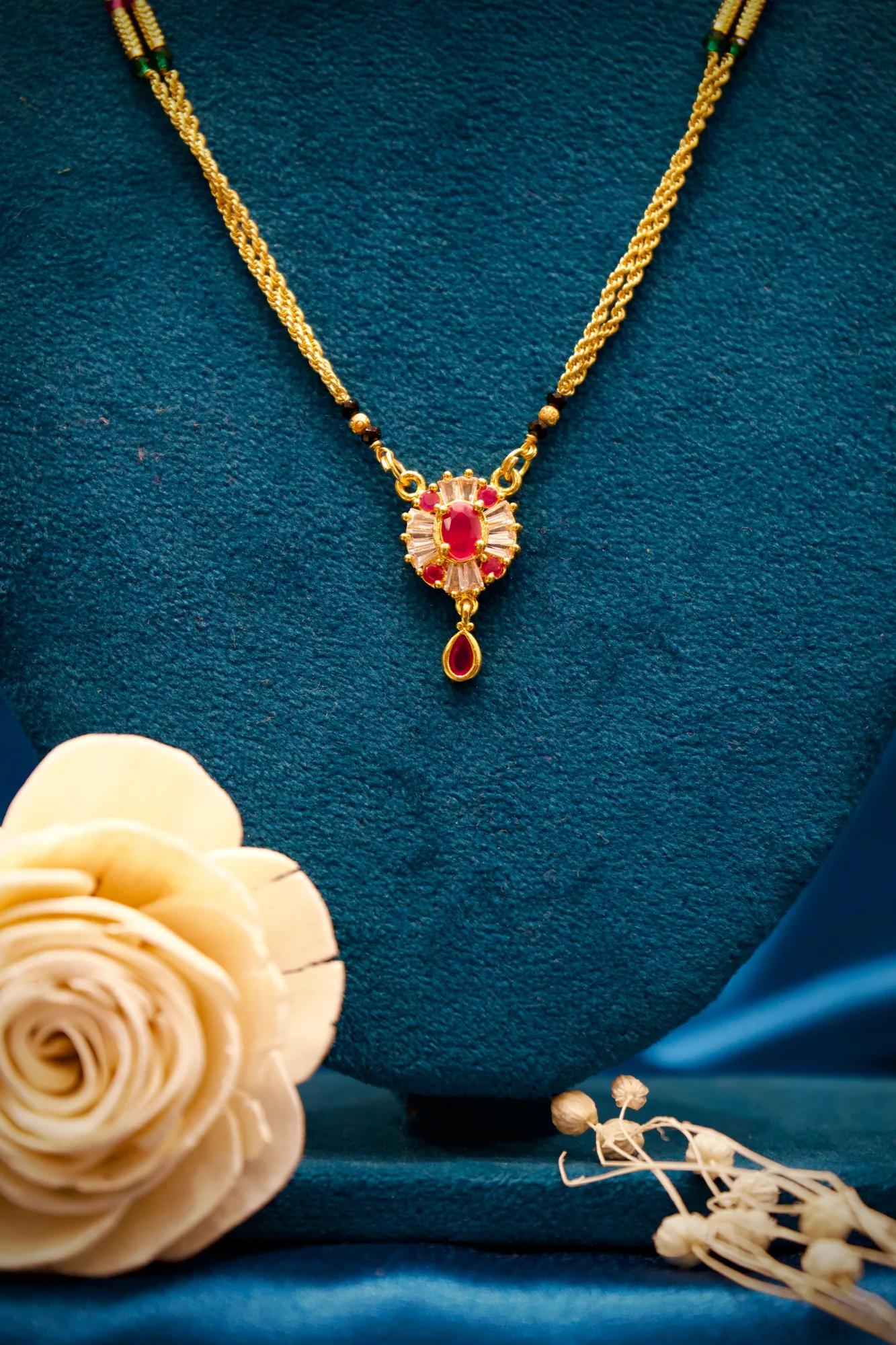 Floral Ruby Stone Pendant Mangalsutra