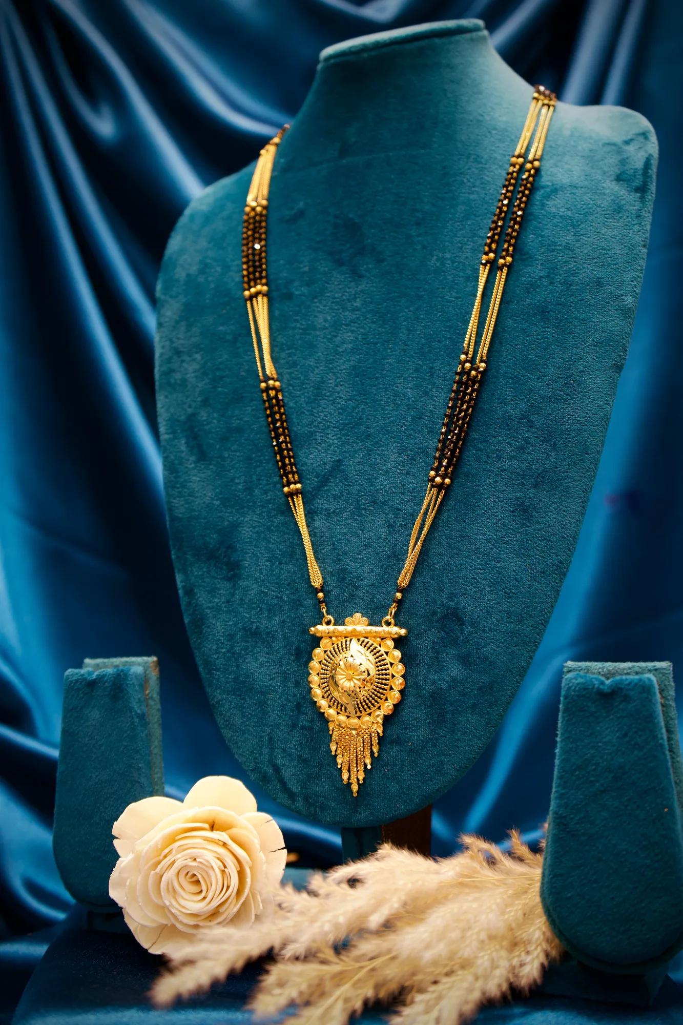 Traditional Long Black Bead Mangalsutra with Antique Circular Pendant
