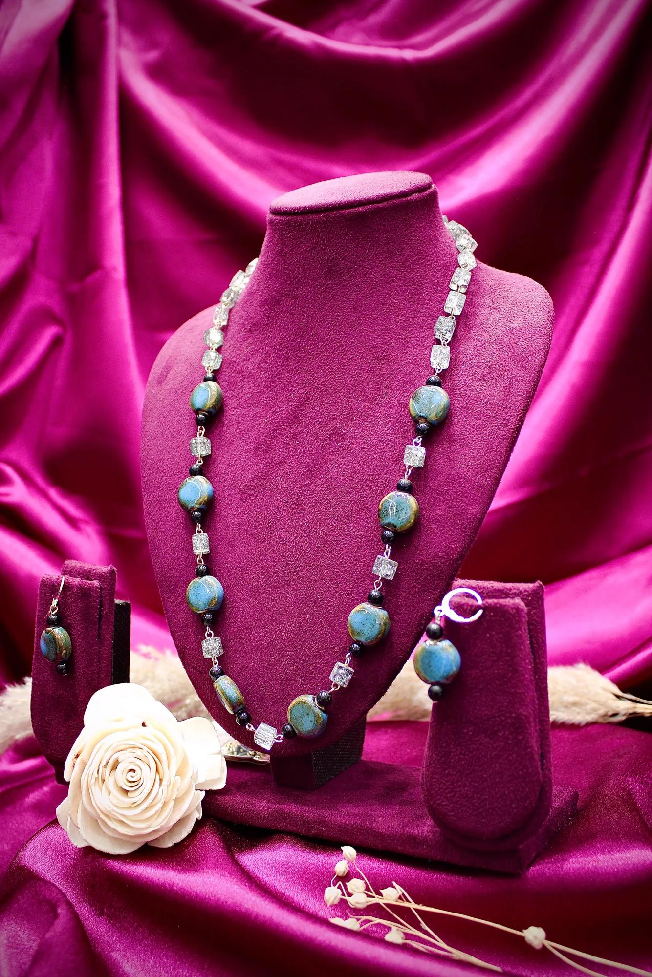 Blue Agate Stone Beaded Necklace Set with Earrings