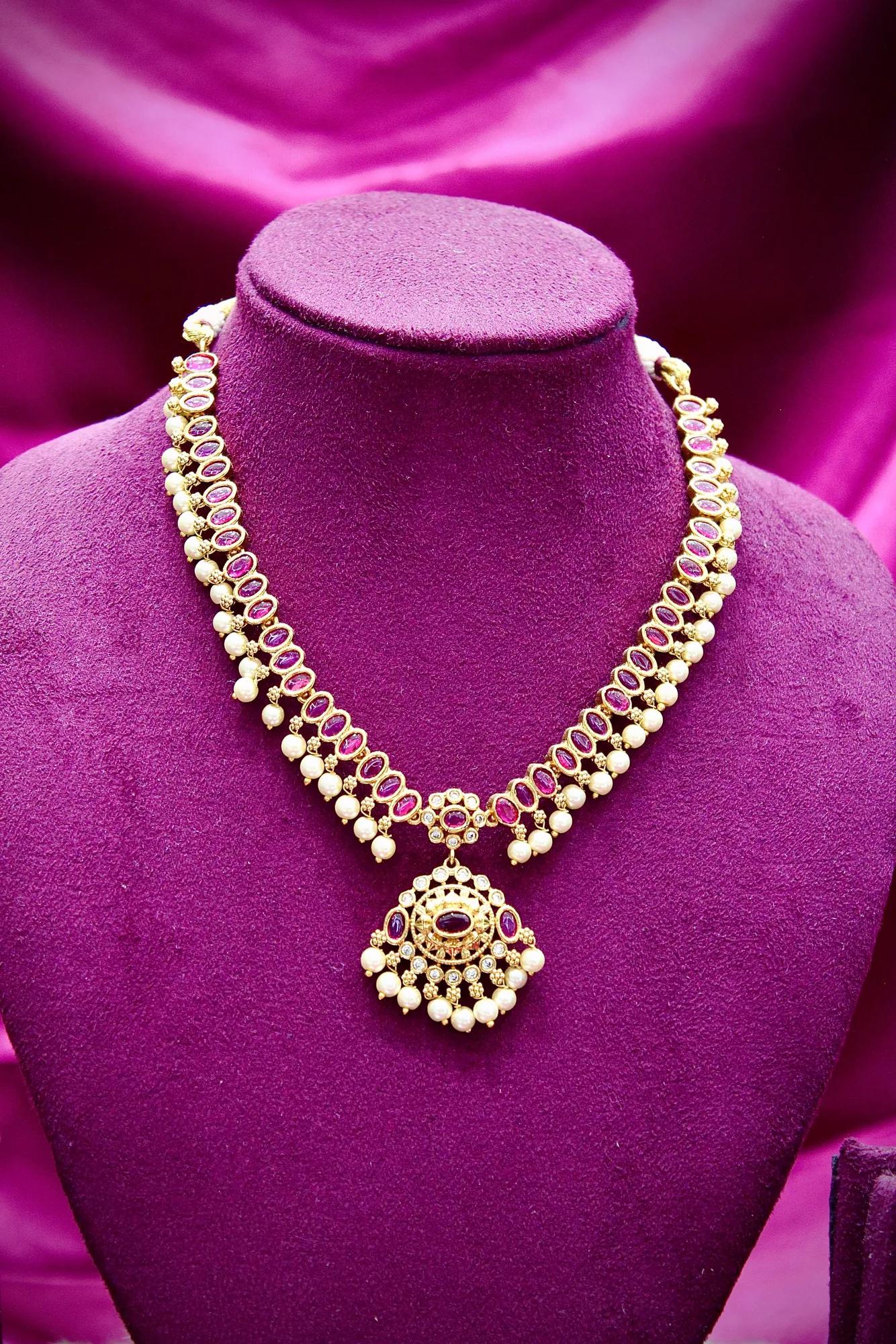 Ruby Stone Pearl Drop Traditional Necklace