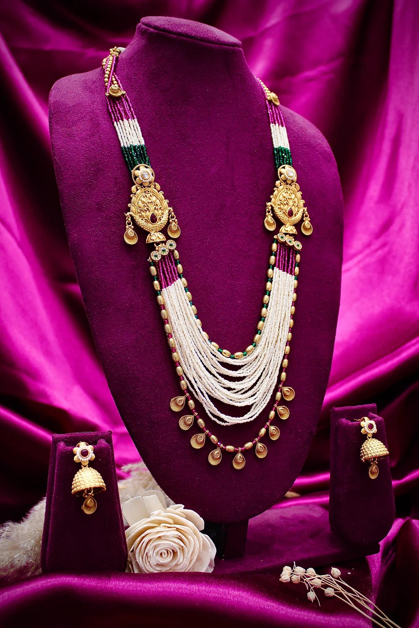 Royal Multi-Layer Pearl Haar Set with Antique Gold Motifs