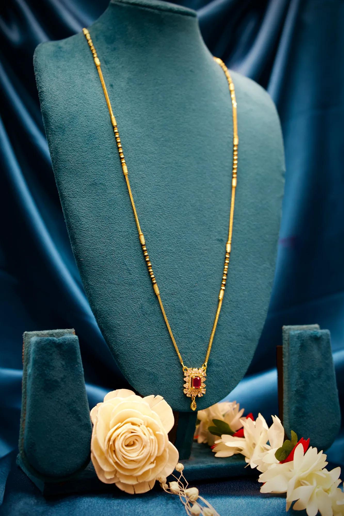 Ruby Stone Floral Mangalsutra Pendant Necklace