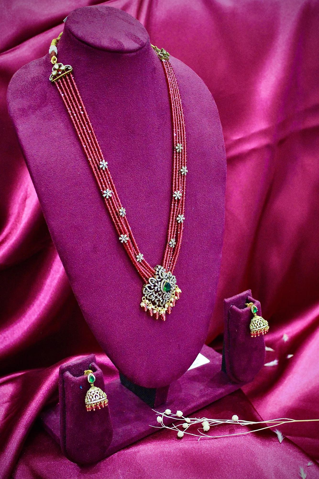 Ruby Red Multi-Strand Beaded Pendant Necklace Set