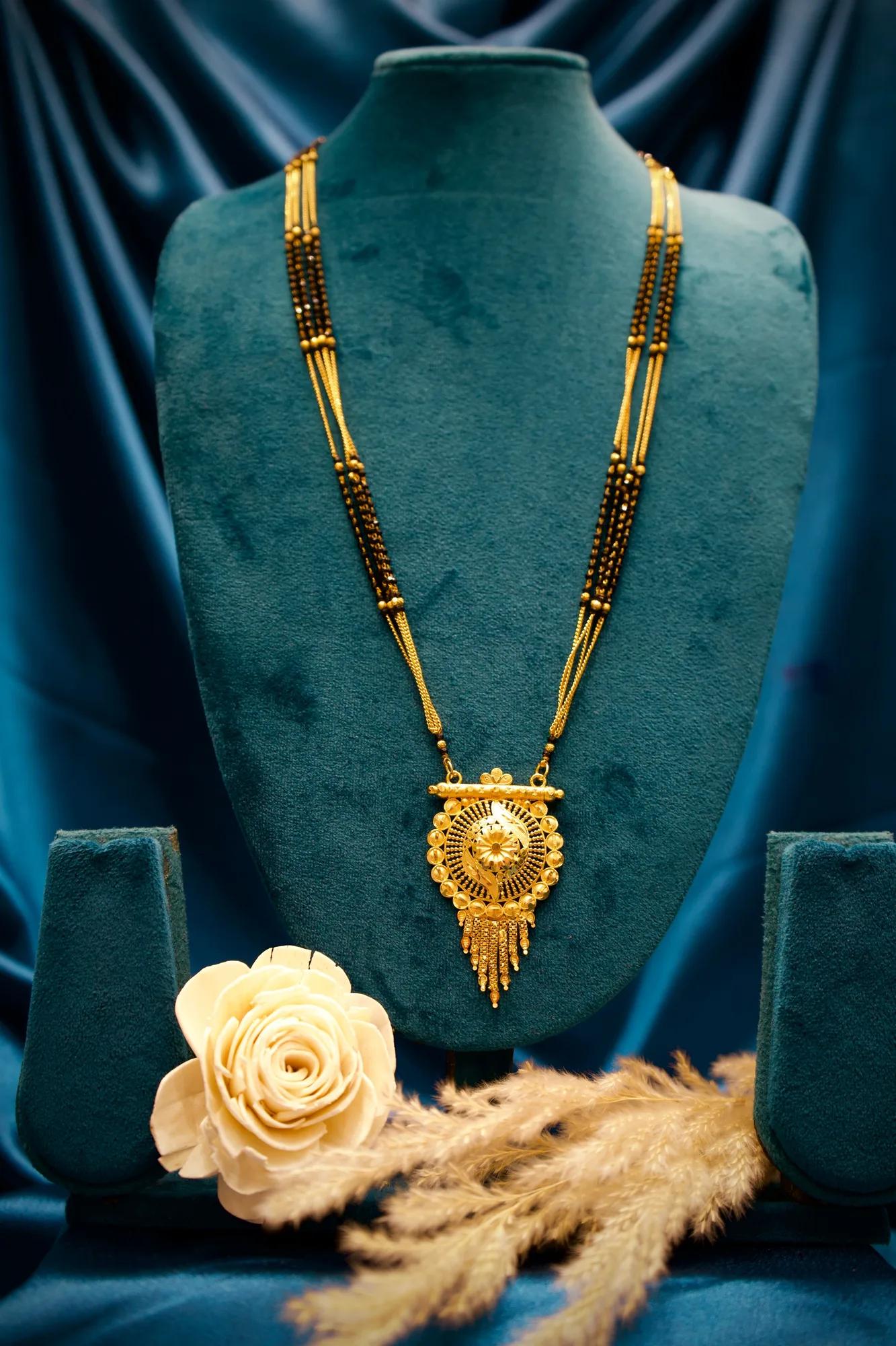 Traditional Long Black Bead Mangalsutra with Antique Circular Pendant