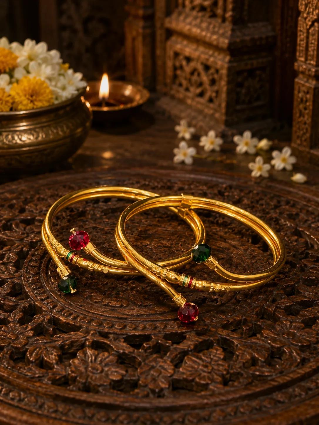 Traditional Dual-Stone AD Gold Finish Open Bangle
