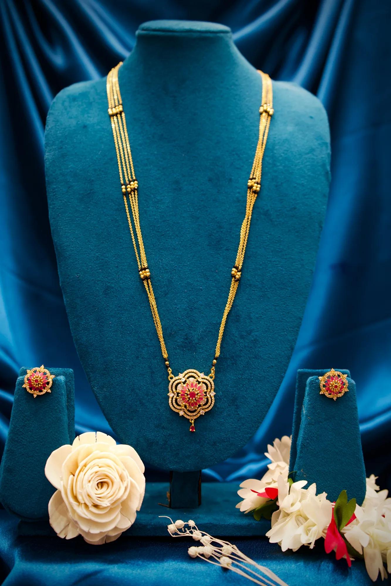 Floral Pink Stone Designer Long Mangalsutra