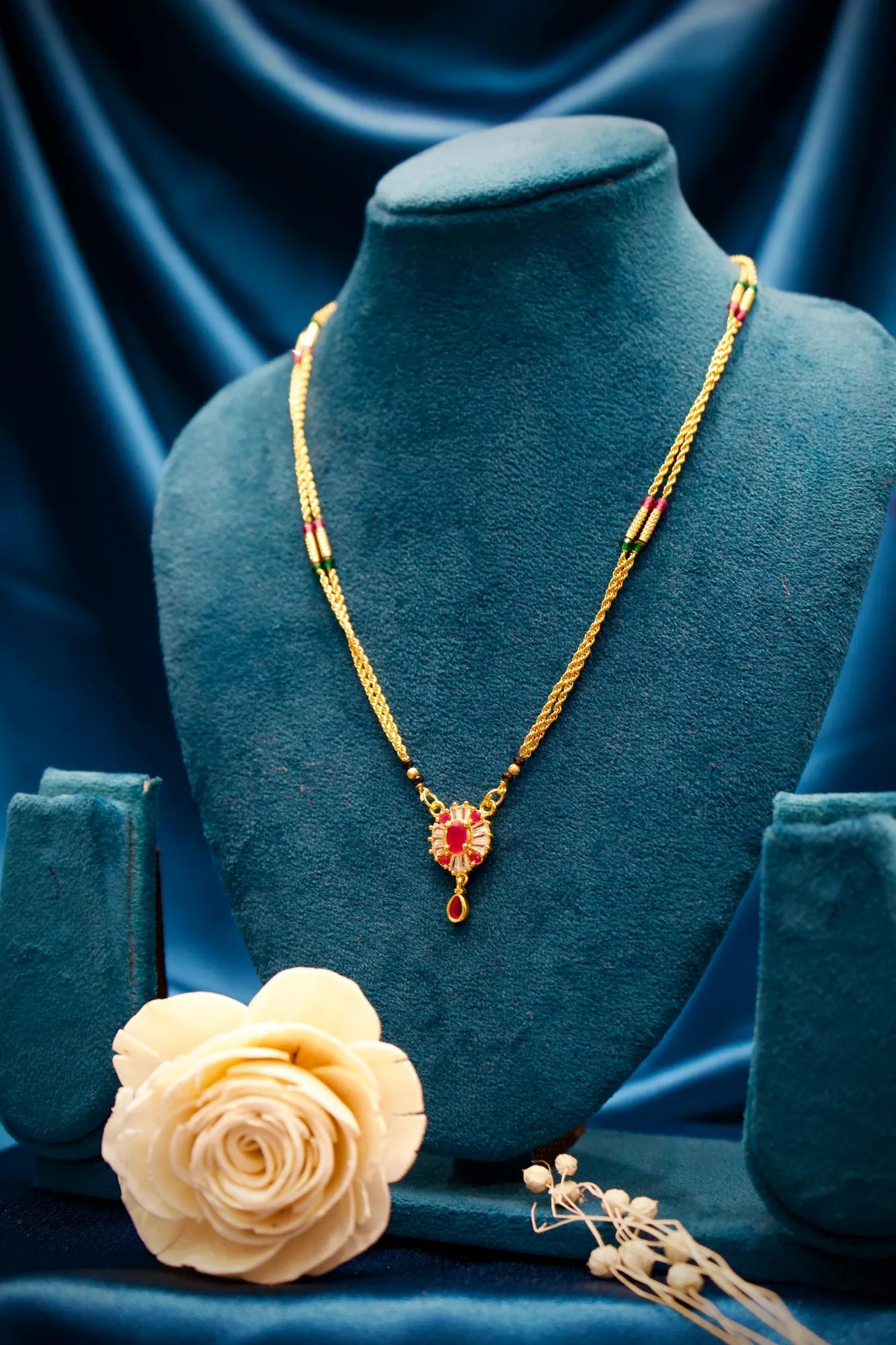 Floral Ruby Stone Pendant Mangalsutra
