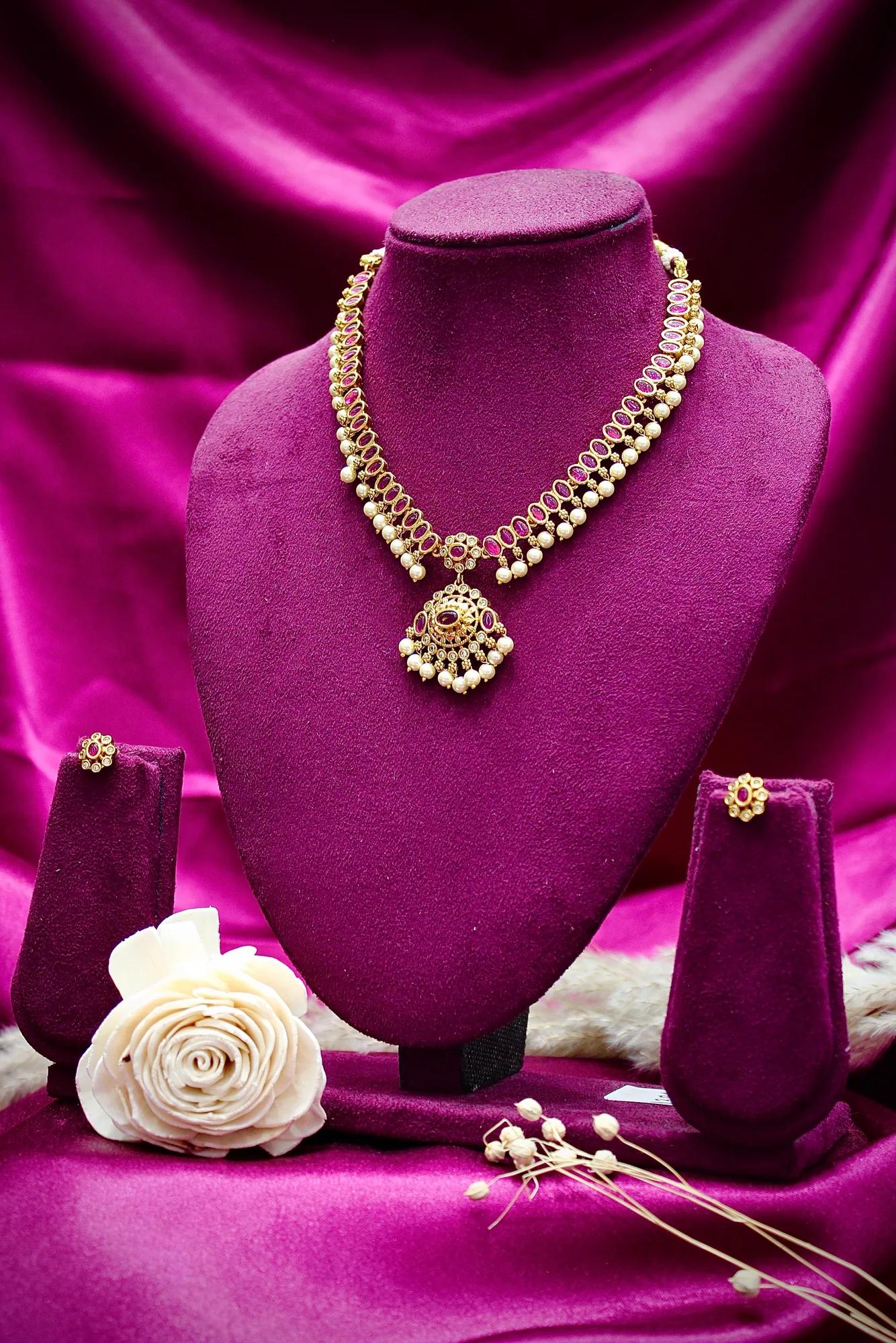 Ruby Stone Pearl Drop Traditional Necklace
