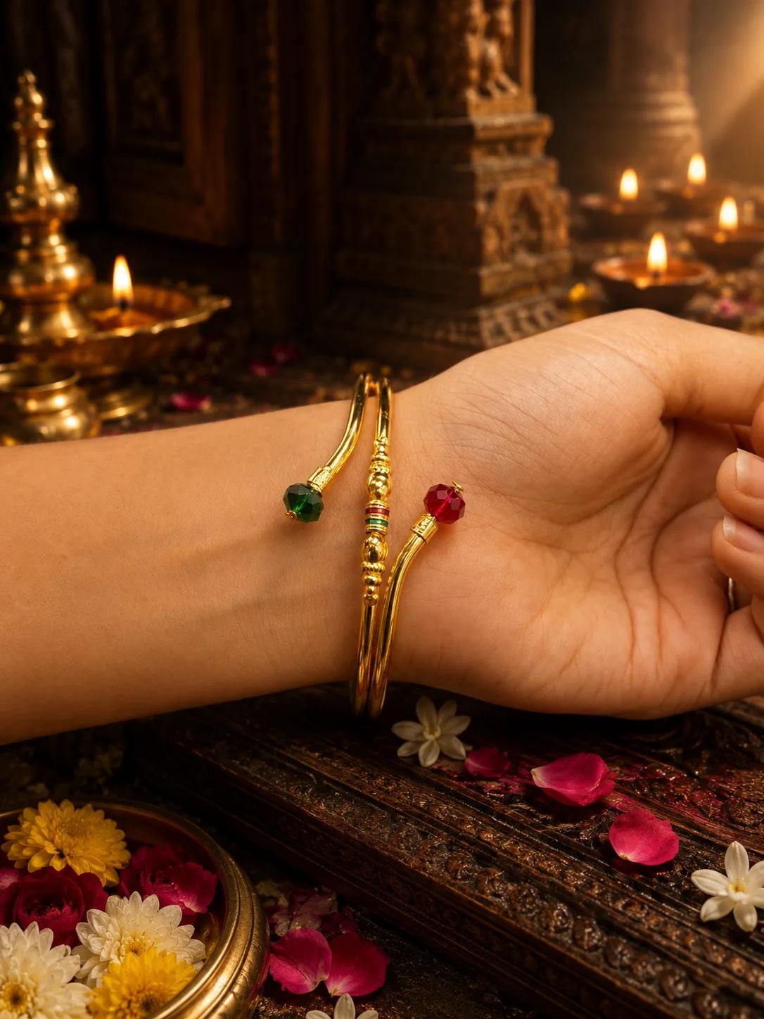 Traditional Dual-Stone AD Gold Finish Open Bangle