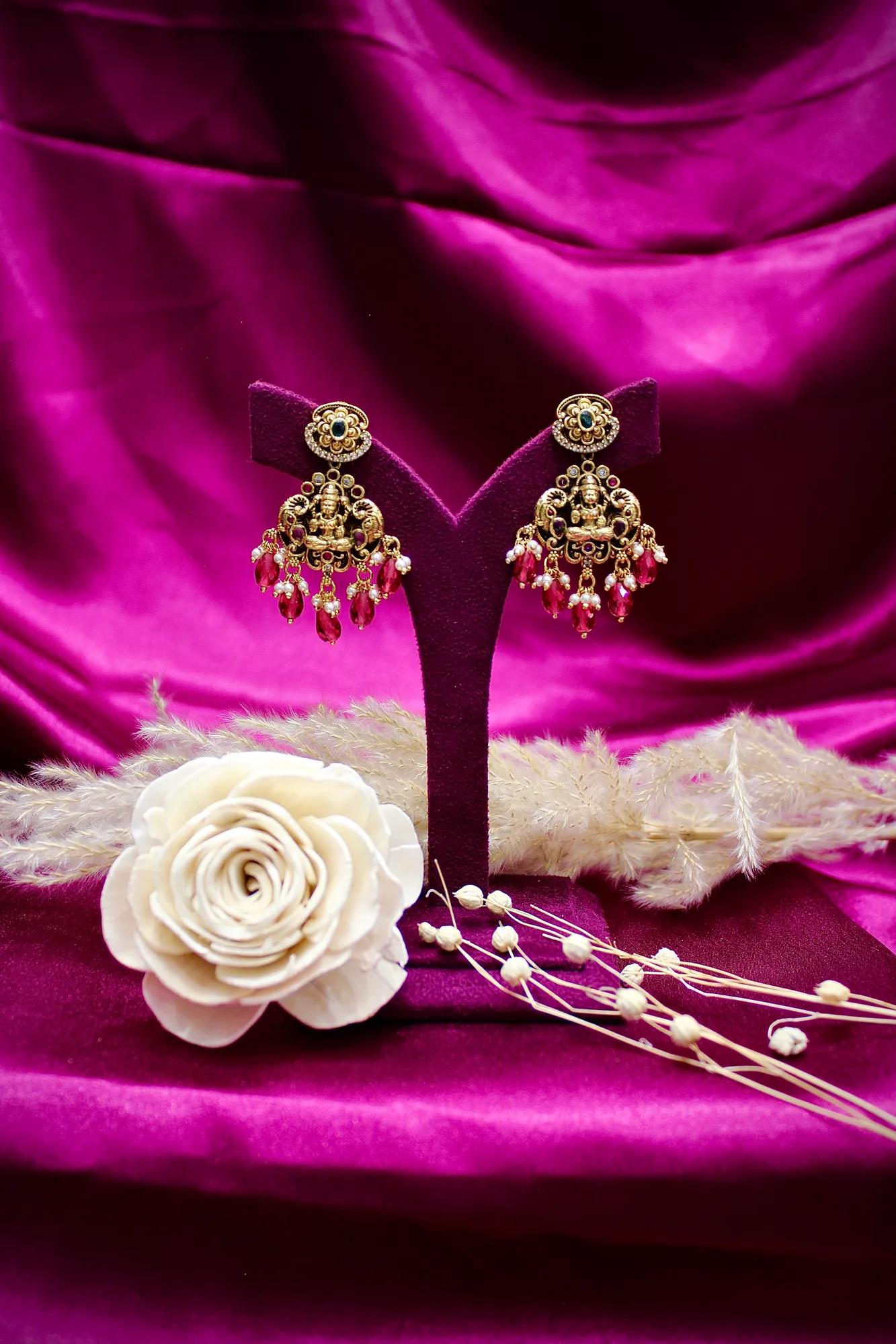 Temple Lakshmi Antique Necklace Set with Ruby Drops