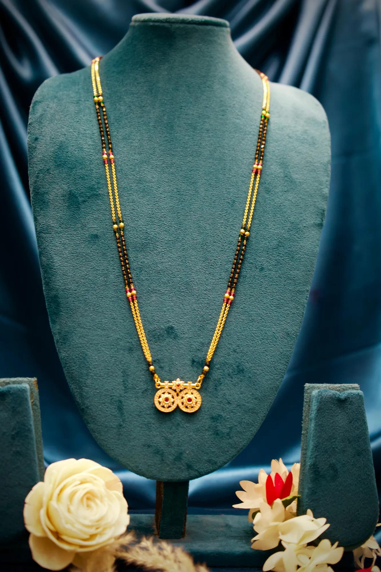 Dual Floral Ruby Stone Mangalsutra Pendant Necklace