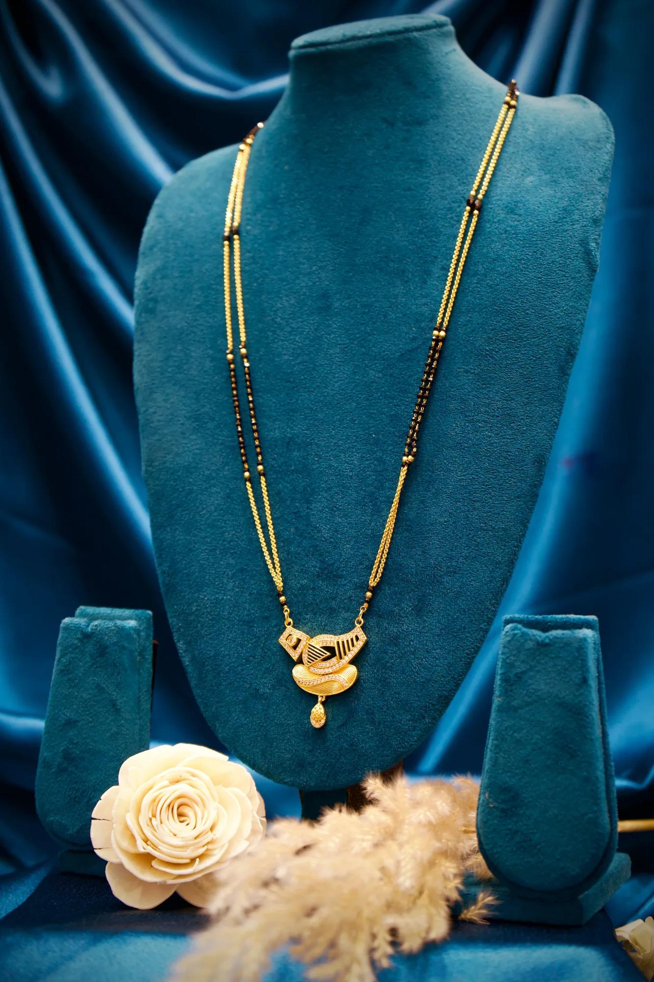Designer Black Bead Mangalsutra with Geometric Pendant