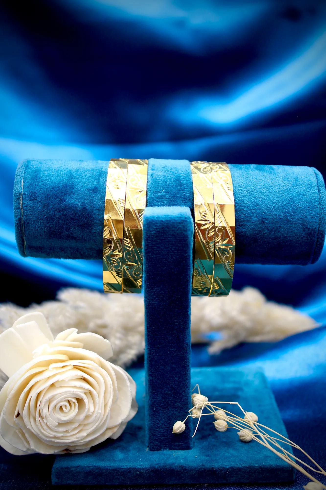 Designer Engraved Gold Finish Bangle Set