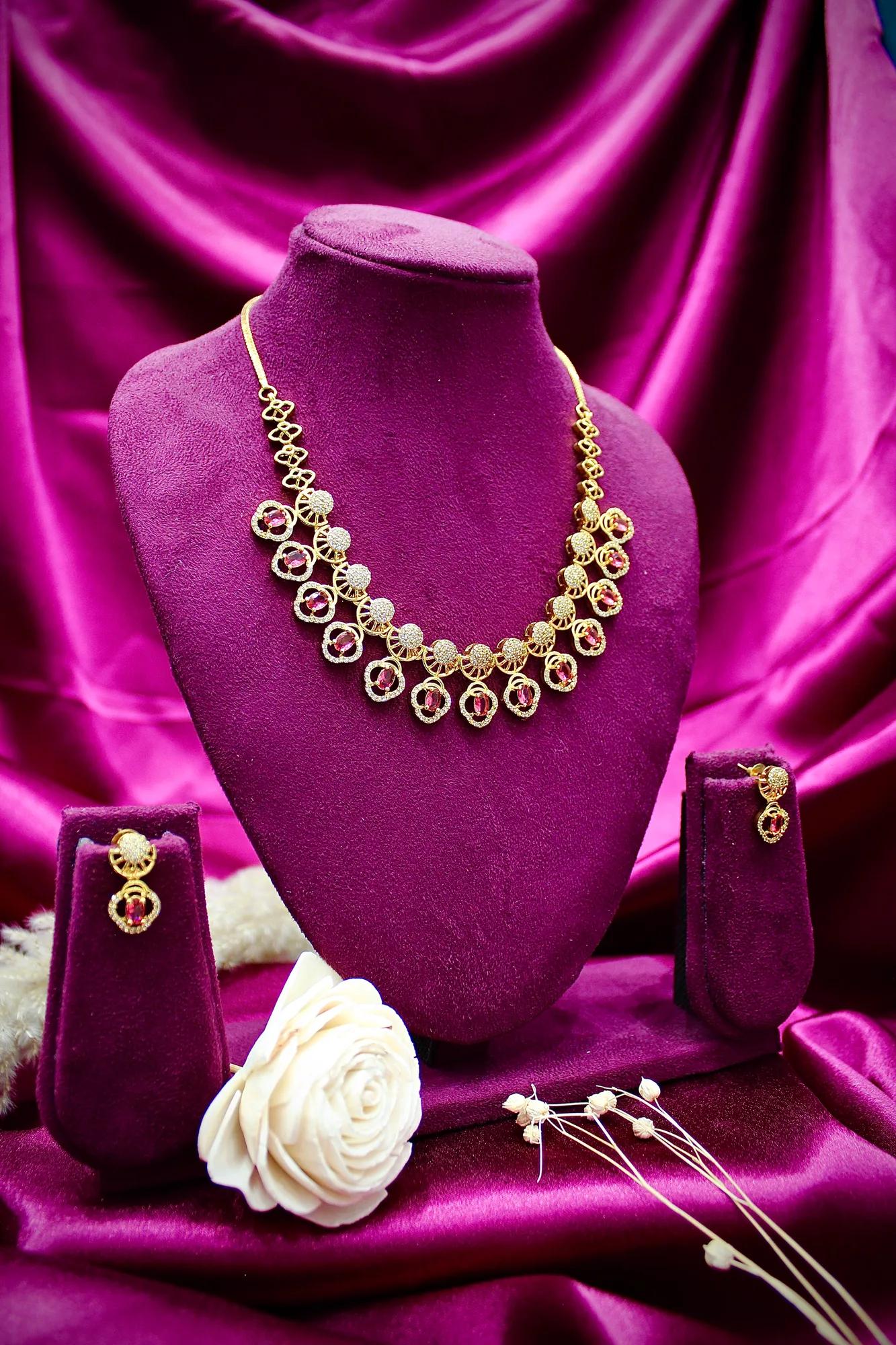 Ruby Crystal Designer Necklace Set with Matching Earrings
