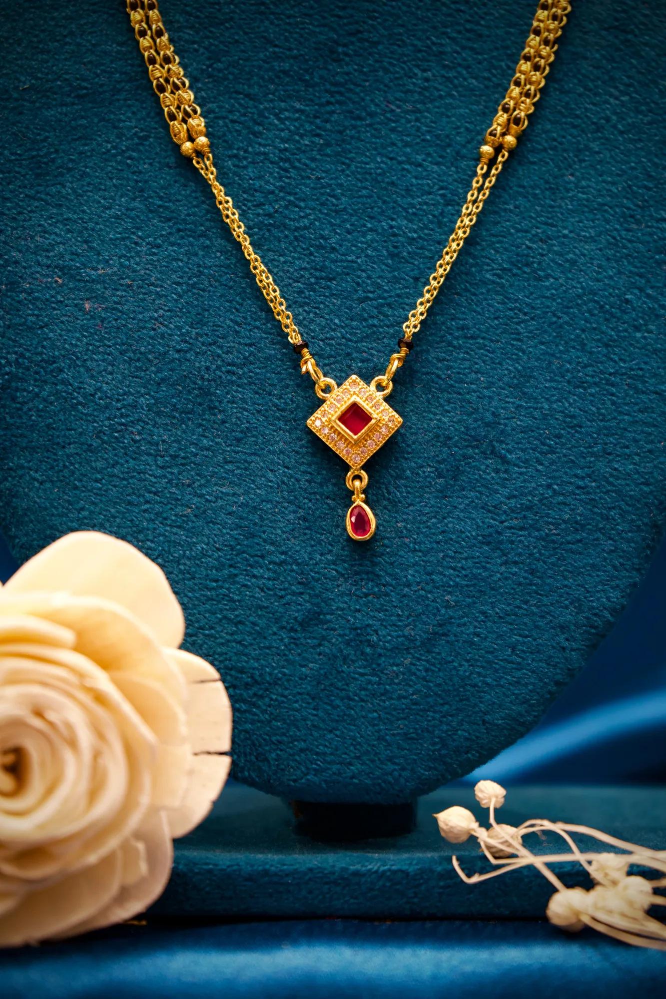 Elegant Ruby Square Pendant Double Chain Mangalsutra