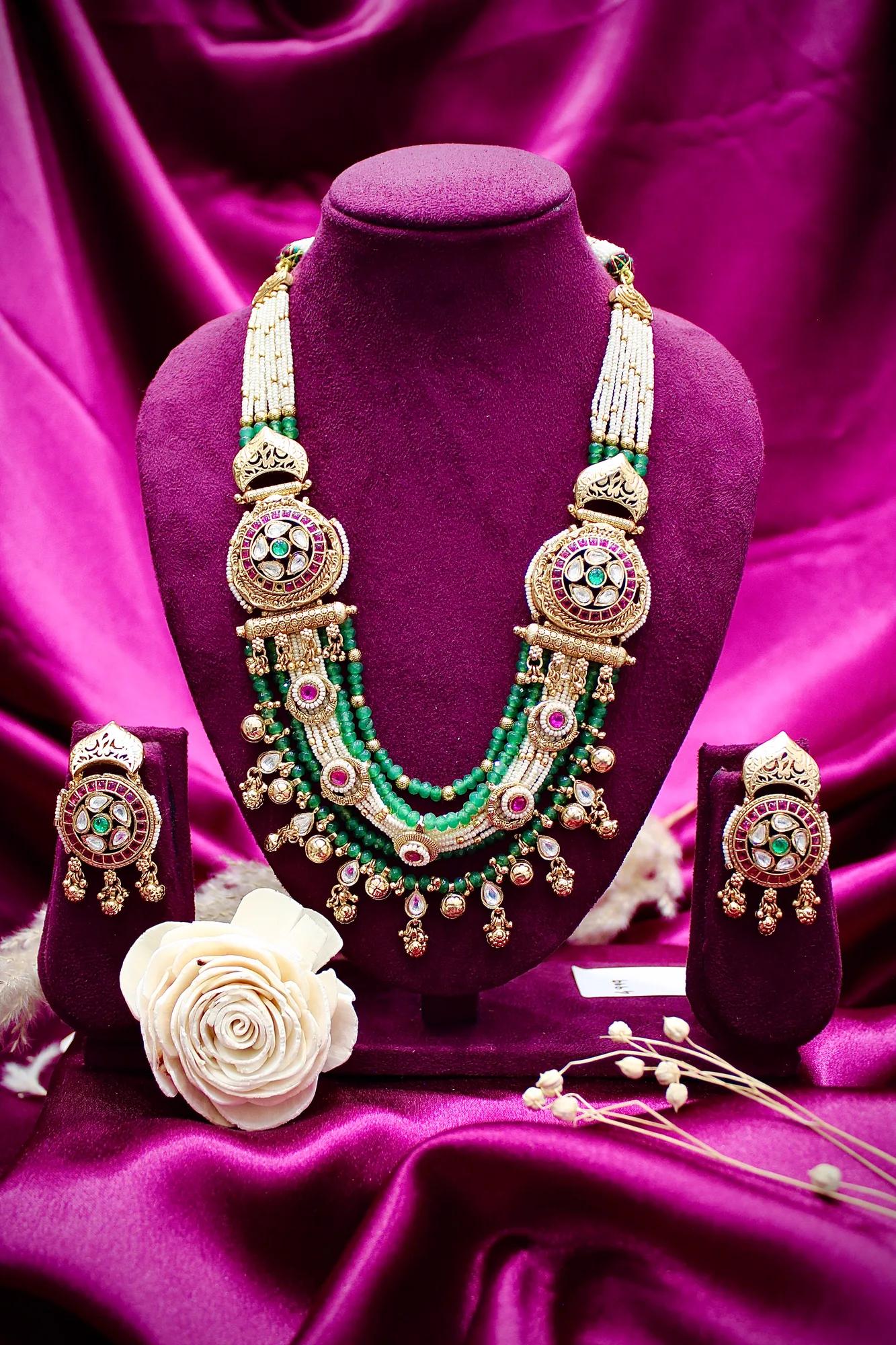 Royal Green Beaded Kundan Bridal Necklace Set