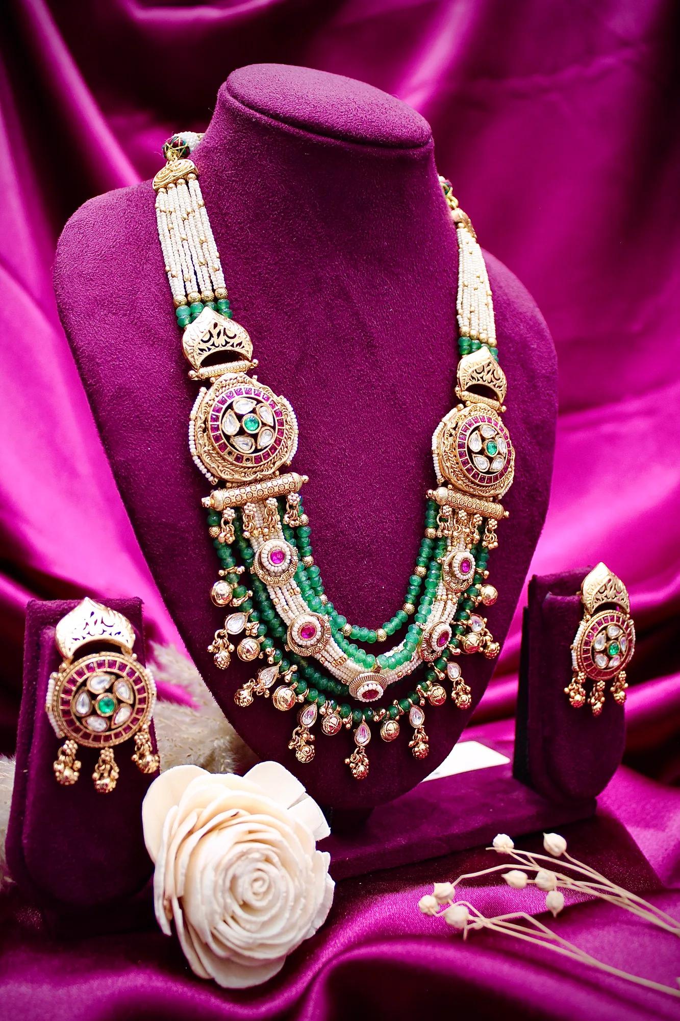 Royal Green Beaded Kundan Bridal Necklace Set