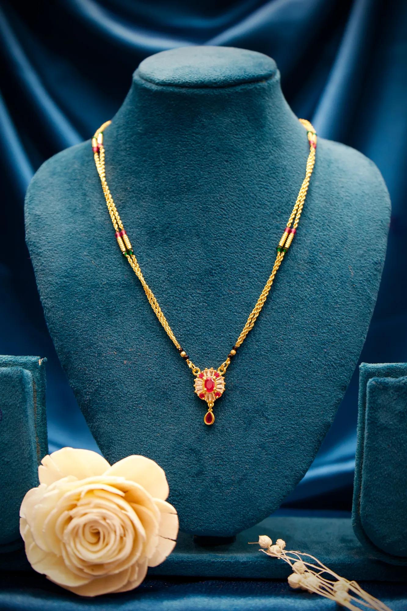 Floral Ruby Stone Pendant Mangalsutra