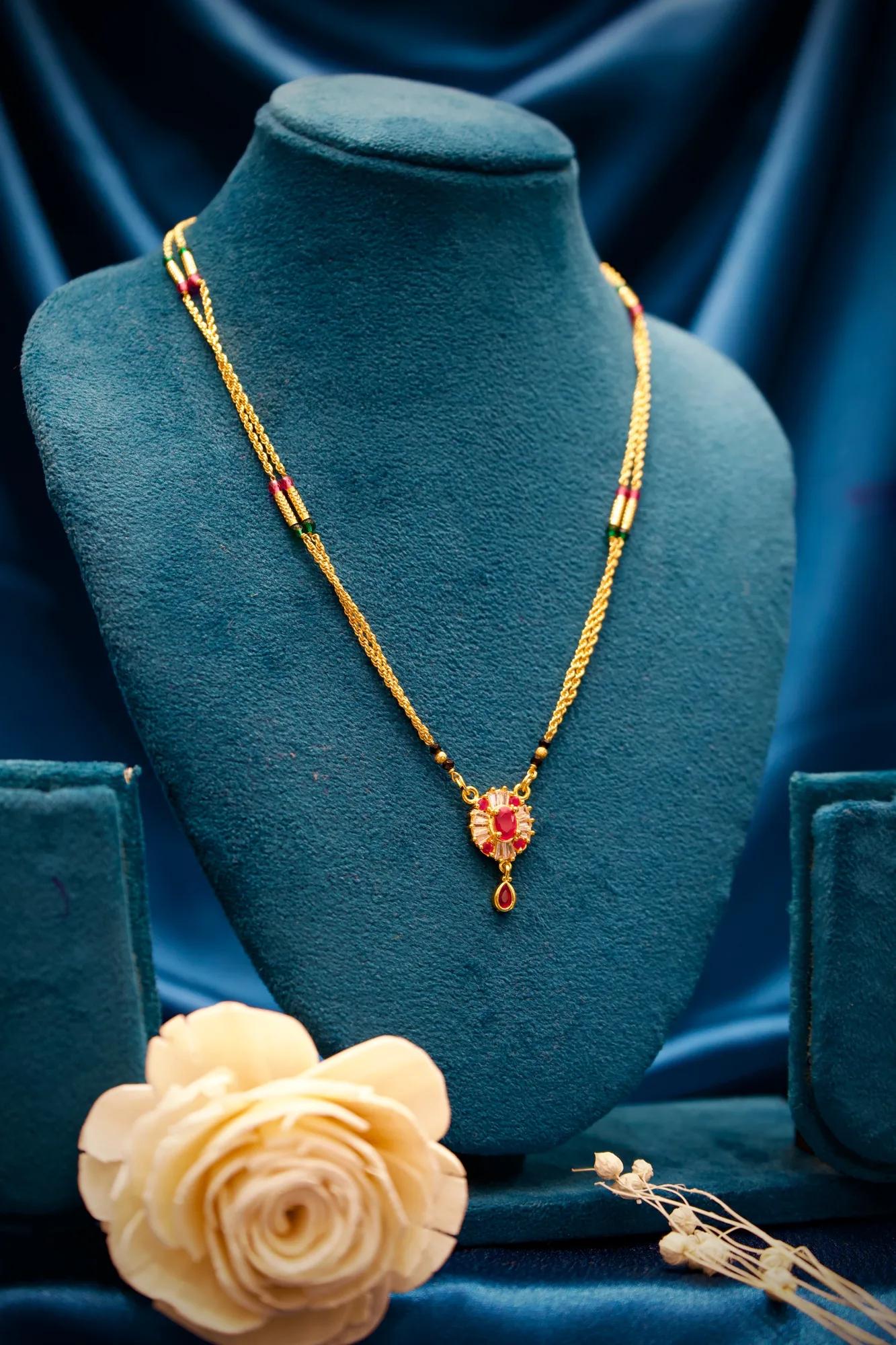 Floral Ruby Stone Pendant Mangalsutra