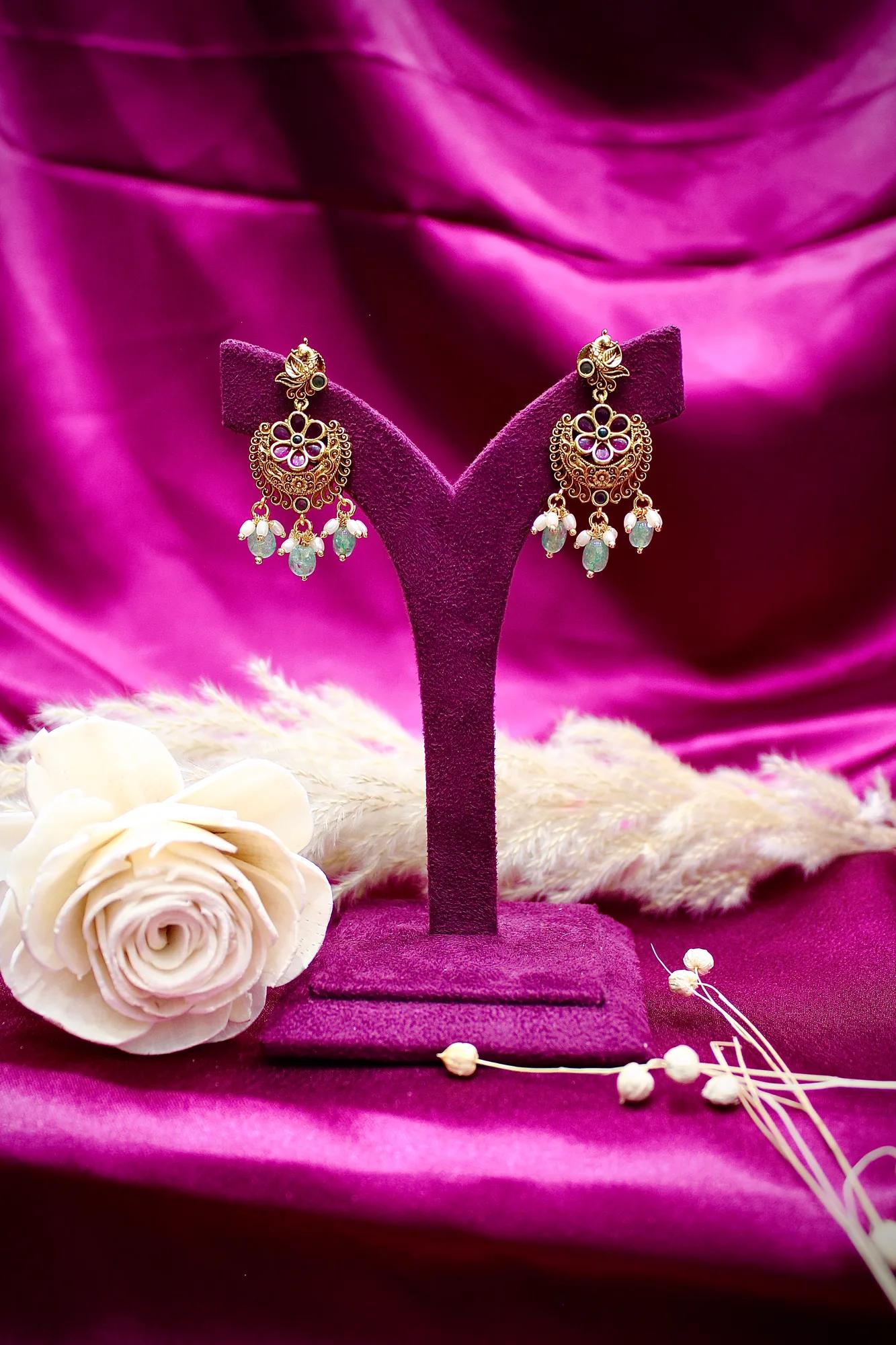 Antique Floral Pendant Necklace Set with Emerald Bead Drops