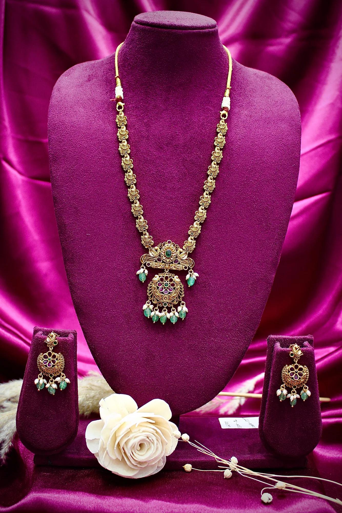 Antique Floral Pendant Necklace Set with Emerald Bead Drops