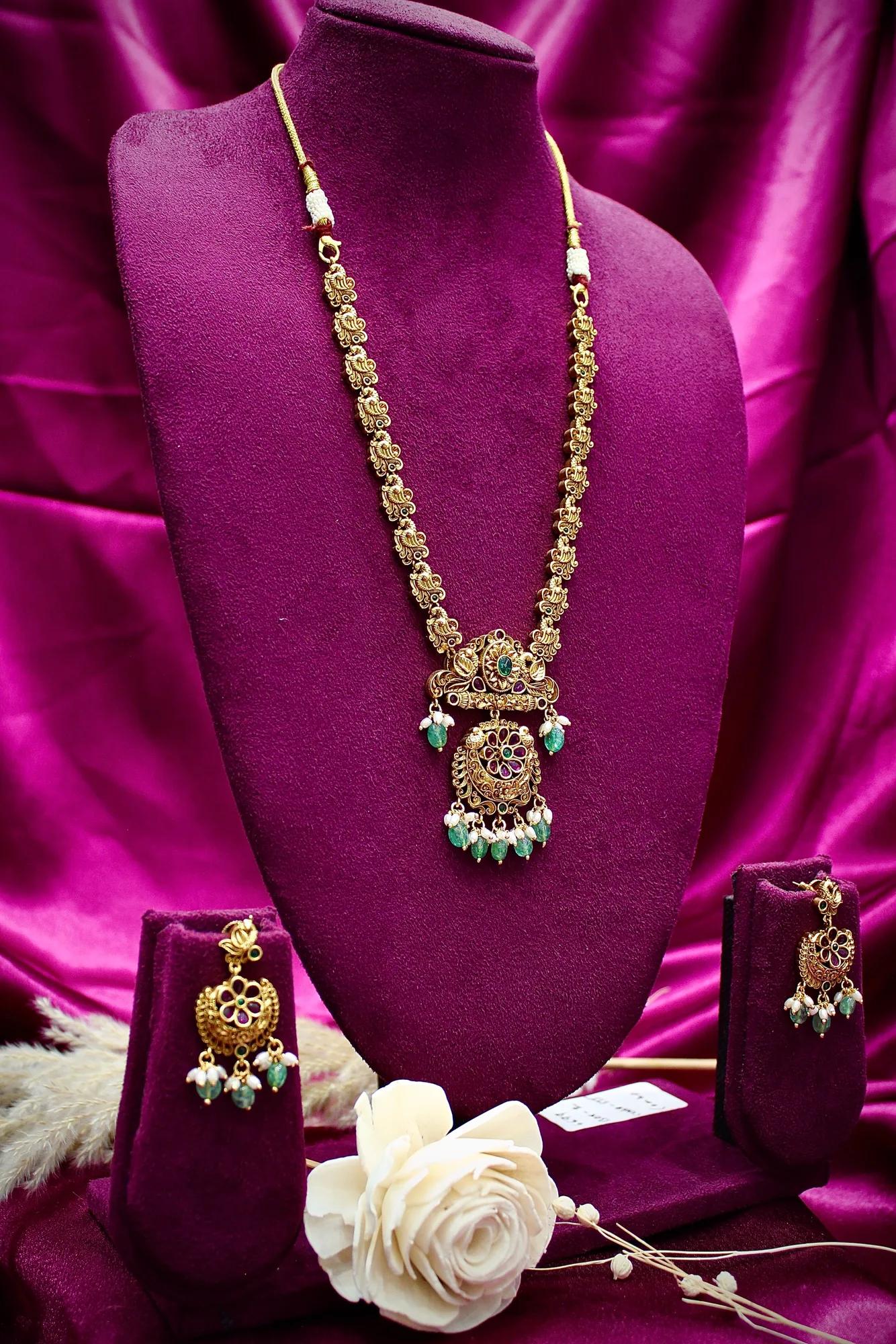 Antique Floral Pendant Necklace Set with Emerald Bead Drops