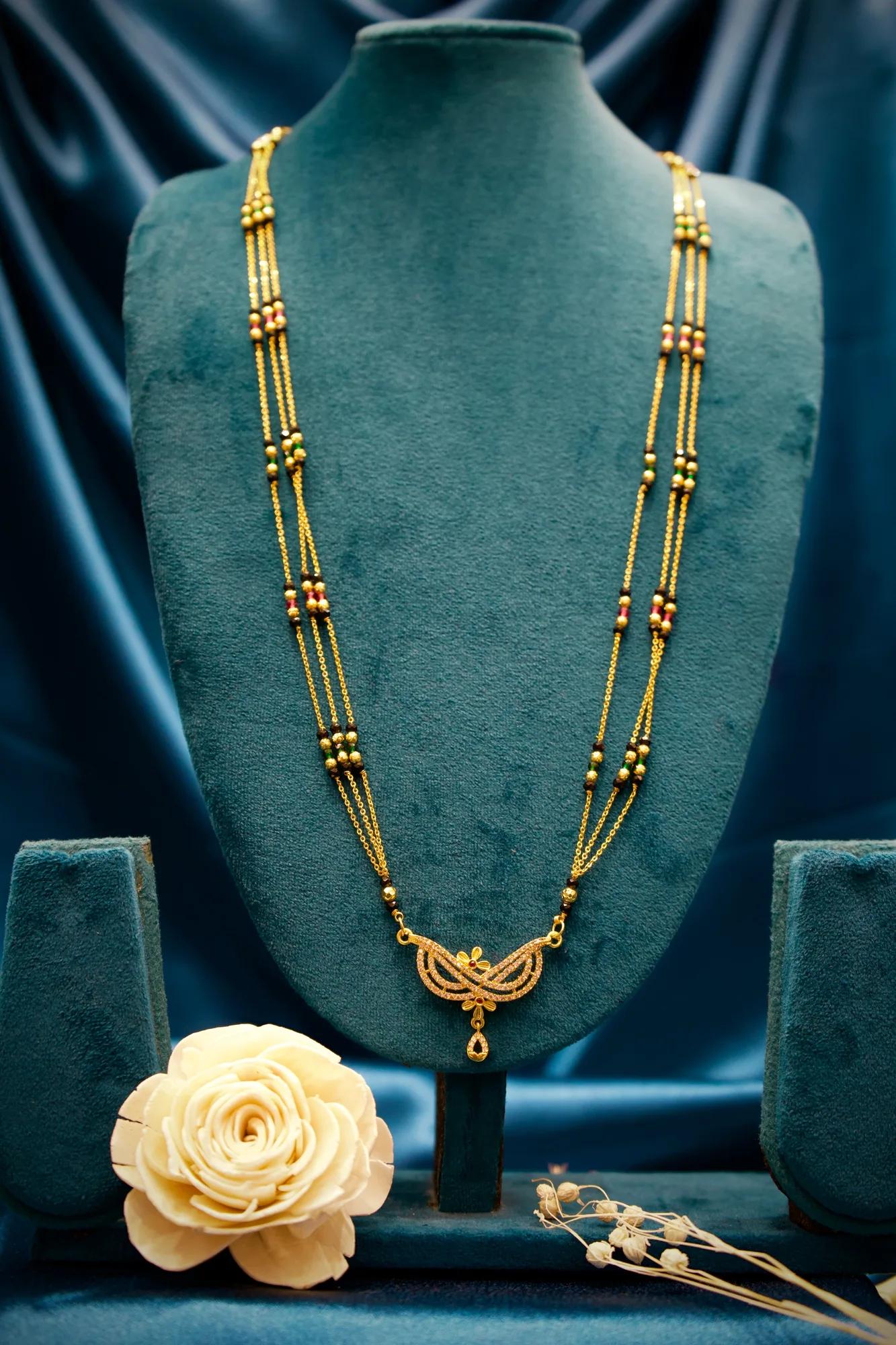 Elegant Multi-Strand Mangalsutra with Crystal Leaf Pendant