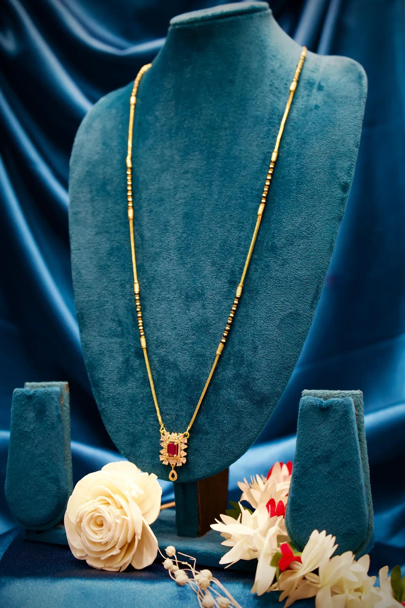 Ruby Stone Floral Mangalsutra Pendant Necklace