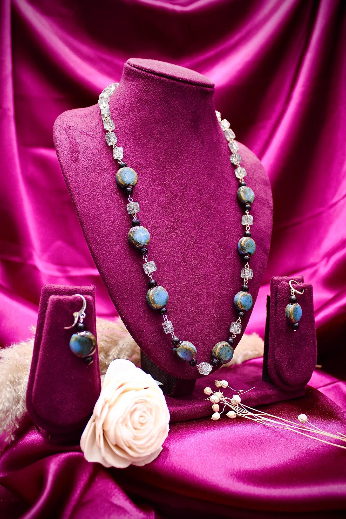 Blue Agate Stone Beaded Necklace Set with Earrings