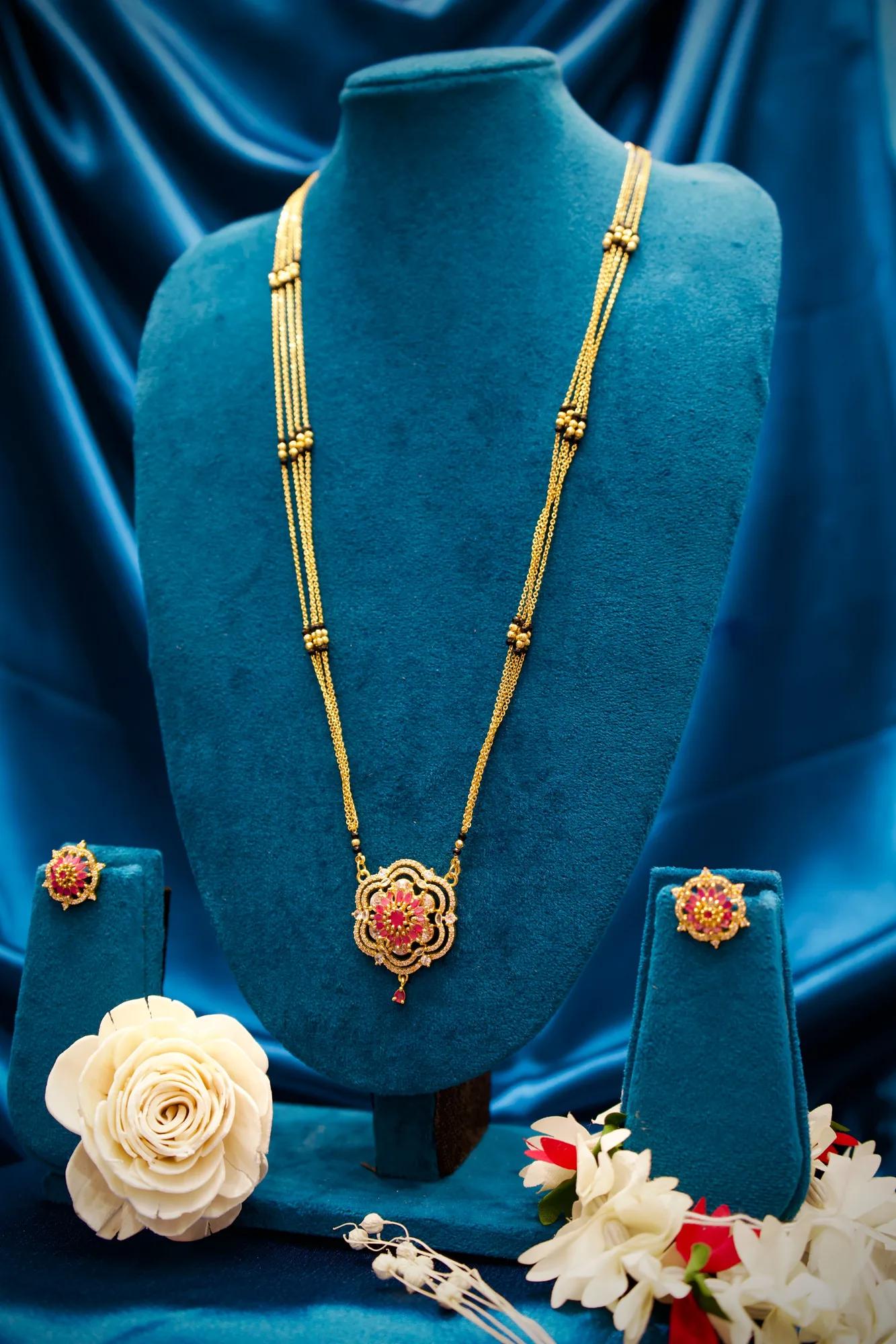 Floral Pink Stone Designer Long Mangalsutra