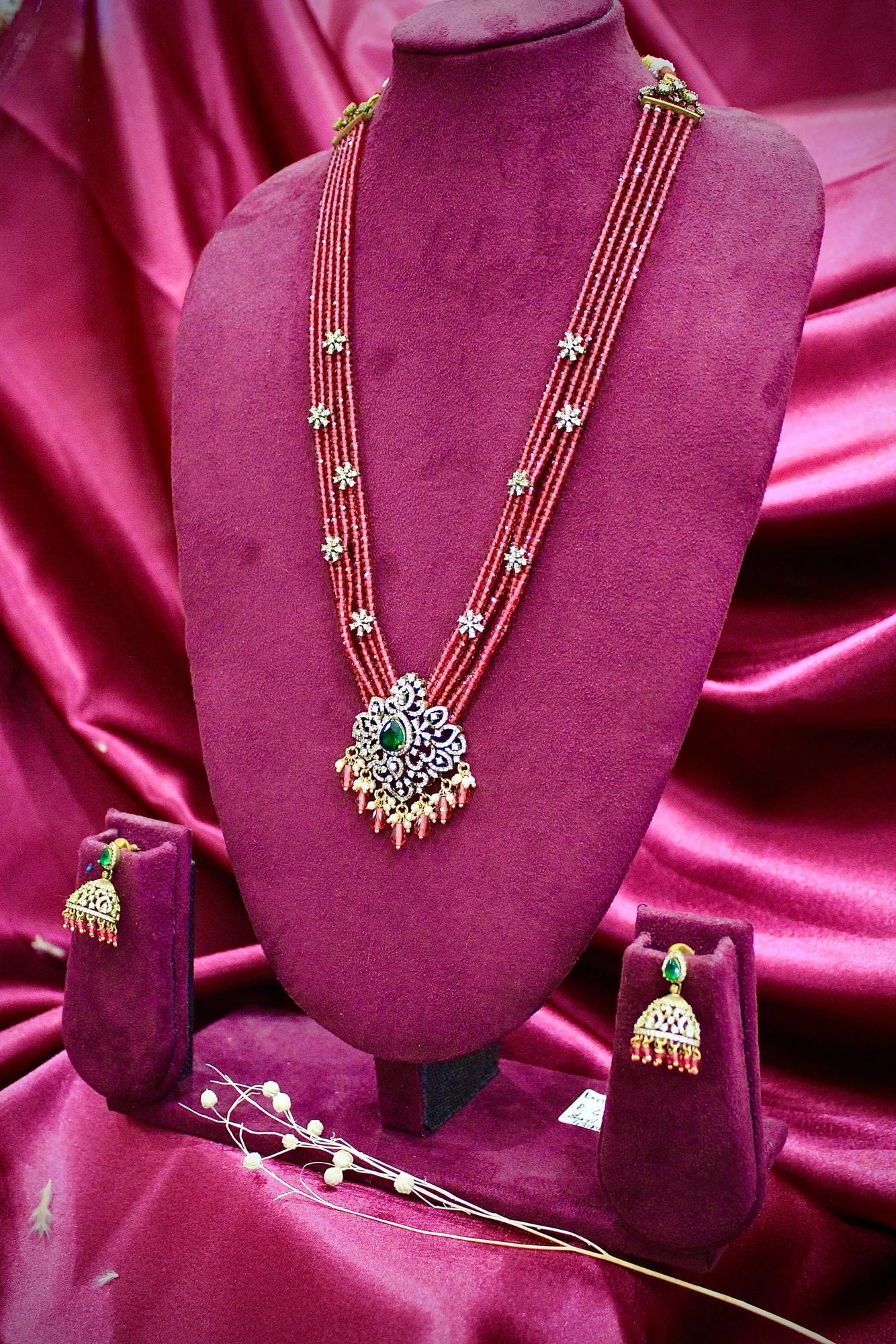 Ruby Red Multi-Strand Beaded Pendant Necklace Set