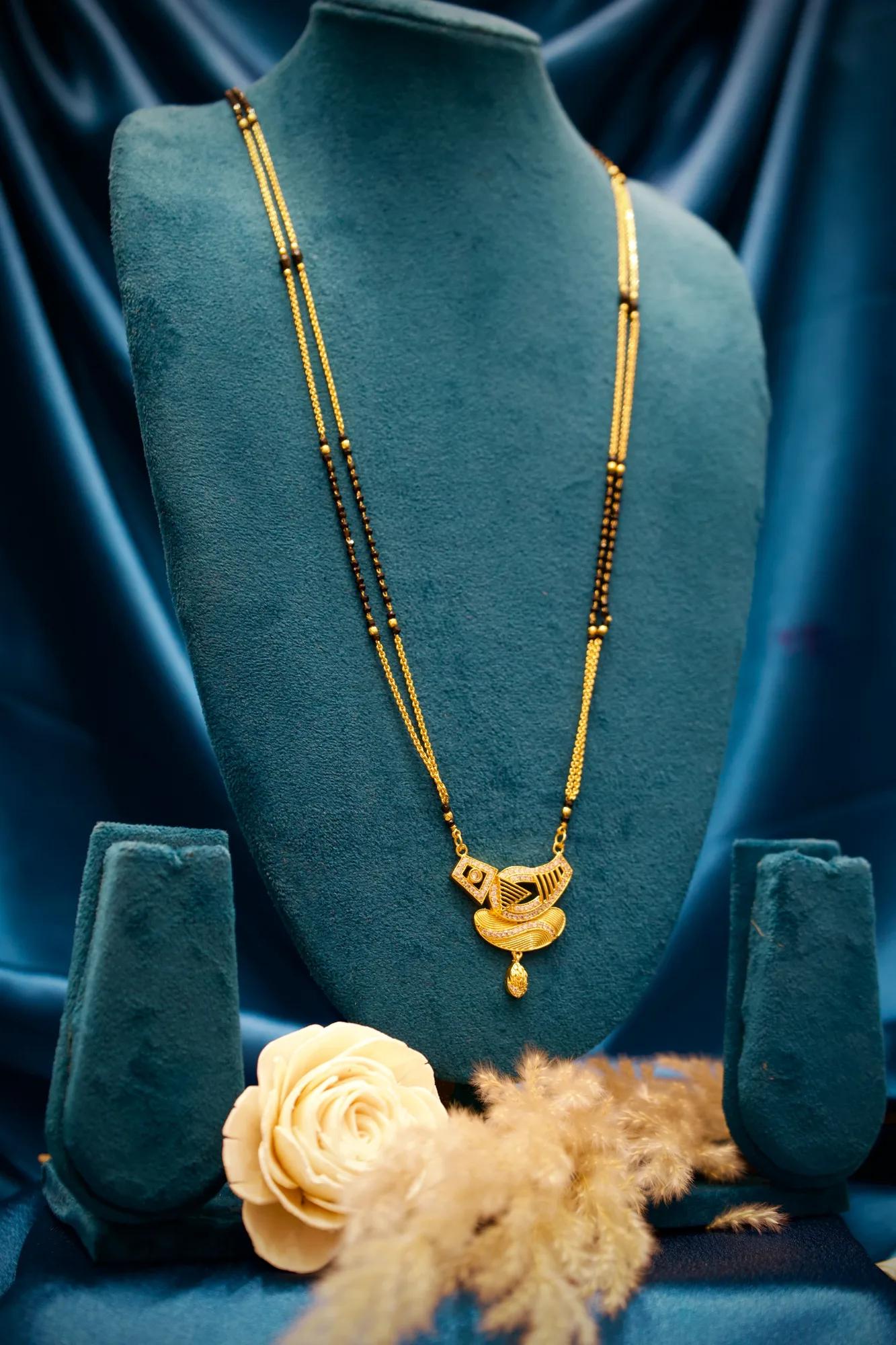 Designer Black Bead Mangalsutra with Geometric Pendant