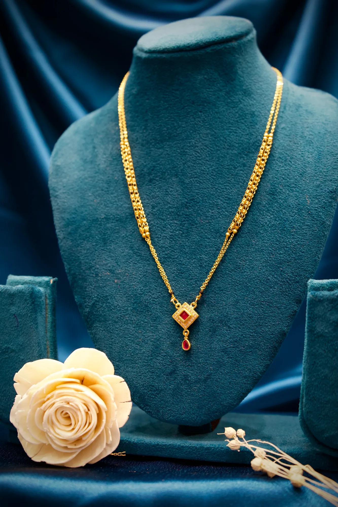Elegant Ruby Square Pendant Double Chain Mangalsutra
