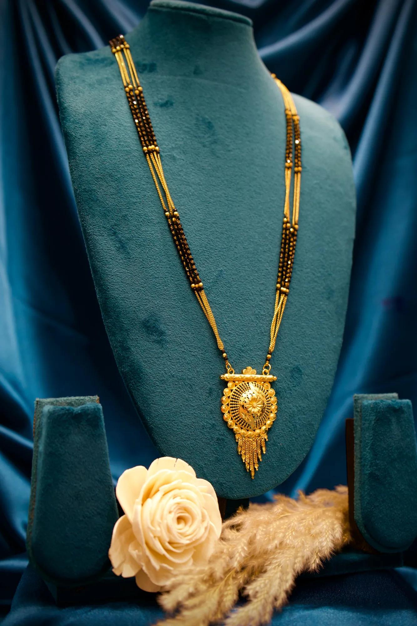 Traditional Long Black Bead Mangalsutra with Antique Circular Pendant