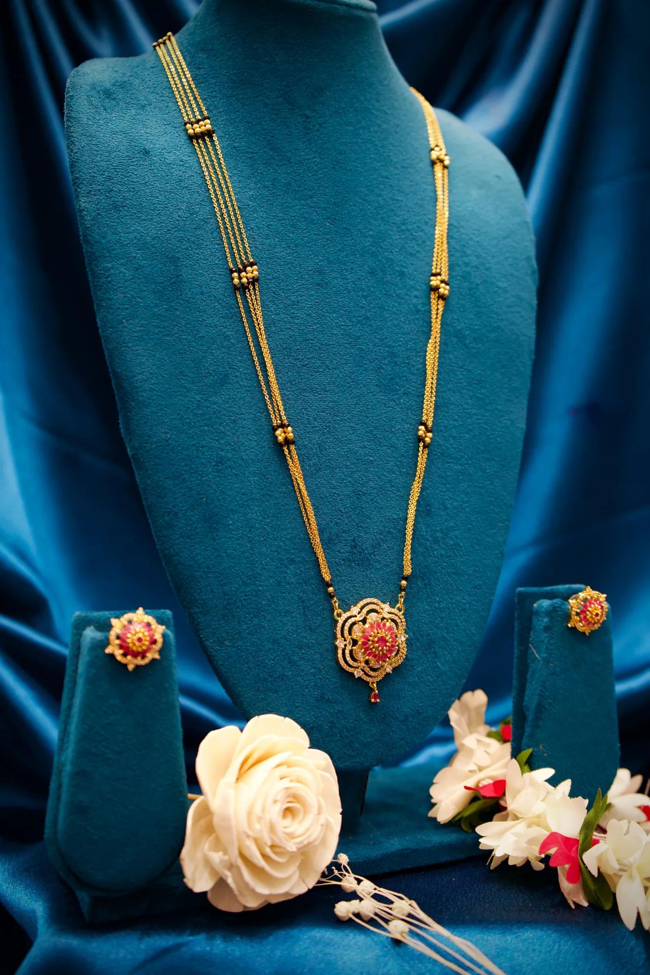 Floral Pink Stone Designer Long Mangalsutra