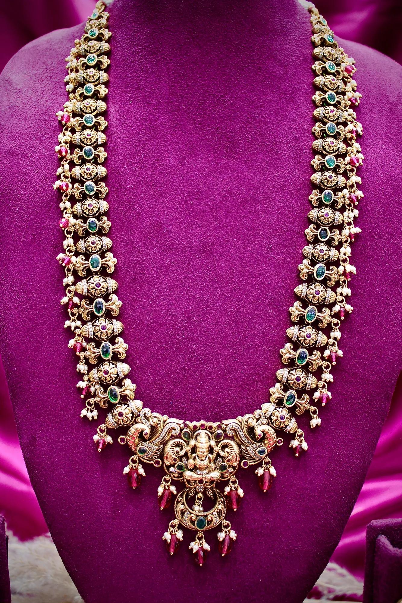 Temple Lakshmi Antique Necklace Set with Ruby Drops