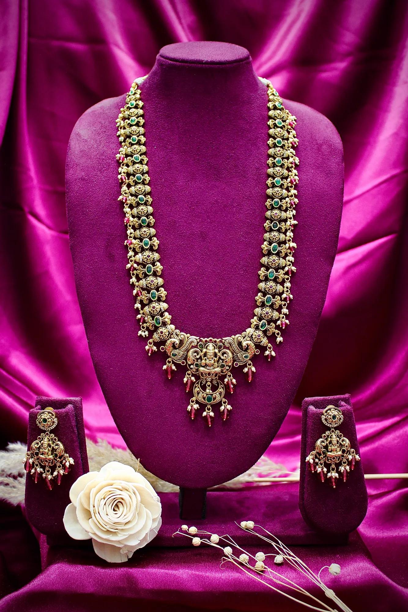 Temple Lakshmi Antique Necklace Set with Ruby Drops